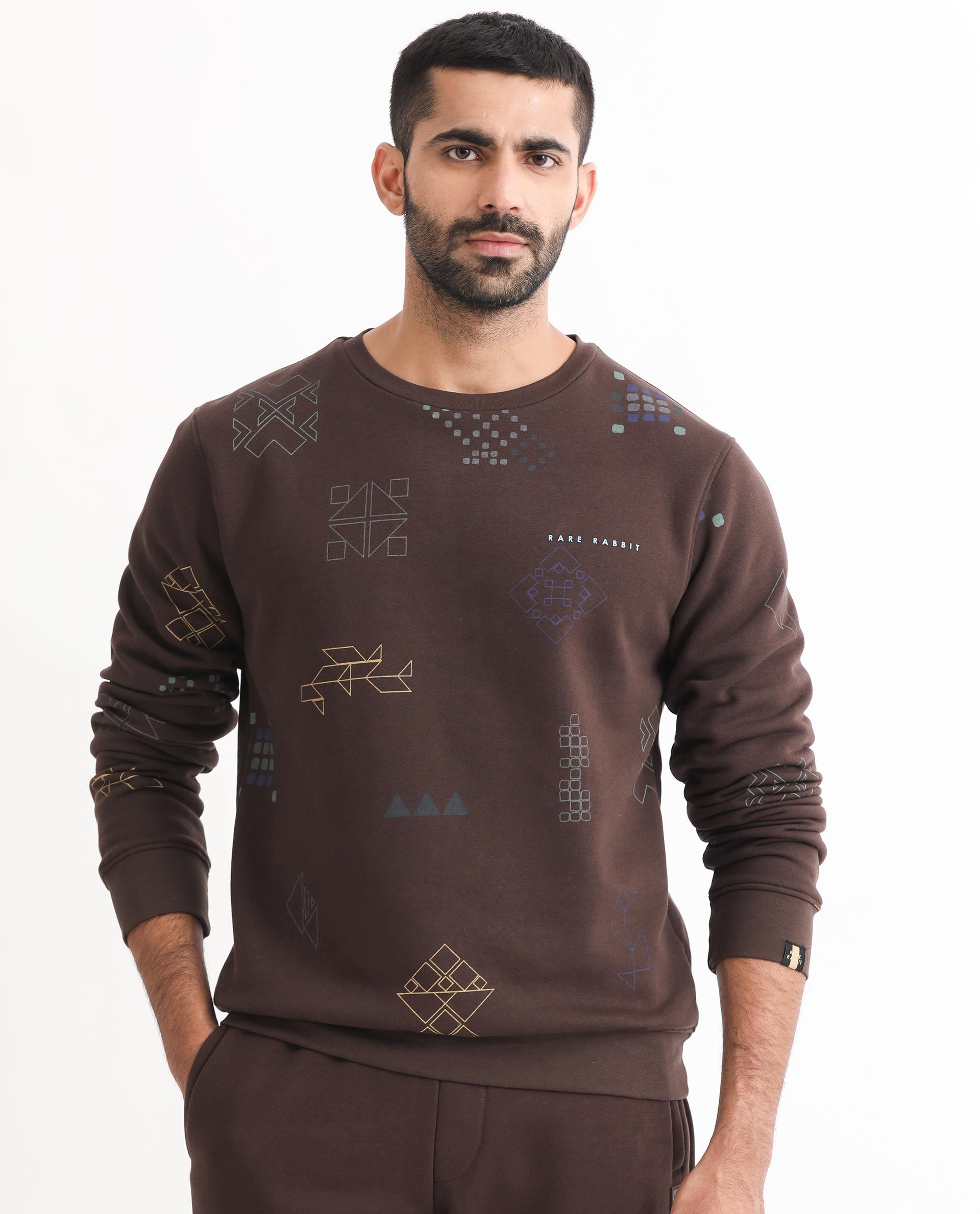 Rare Rabbit Men's Oli Brown Cotton Polyester Fabric Full Sleeves Graphic Print Sweatshirt