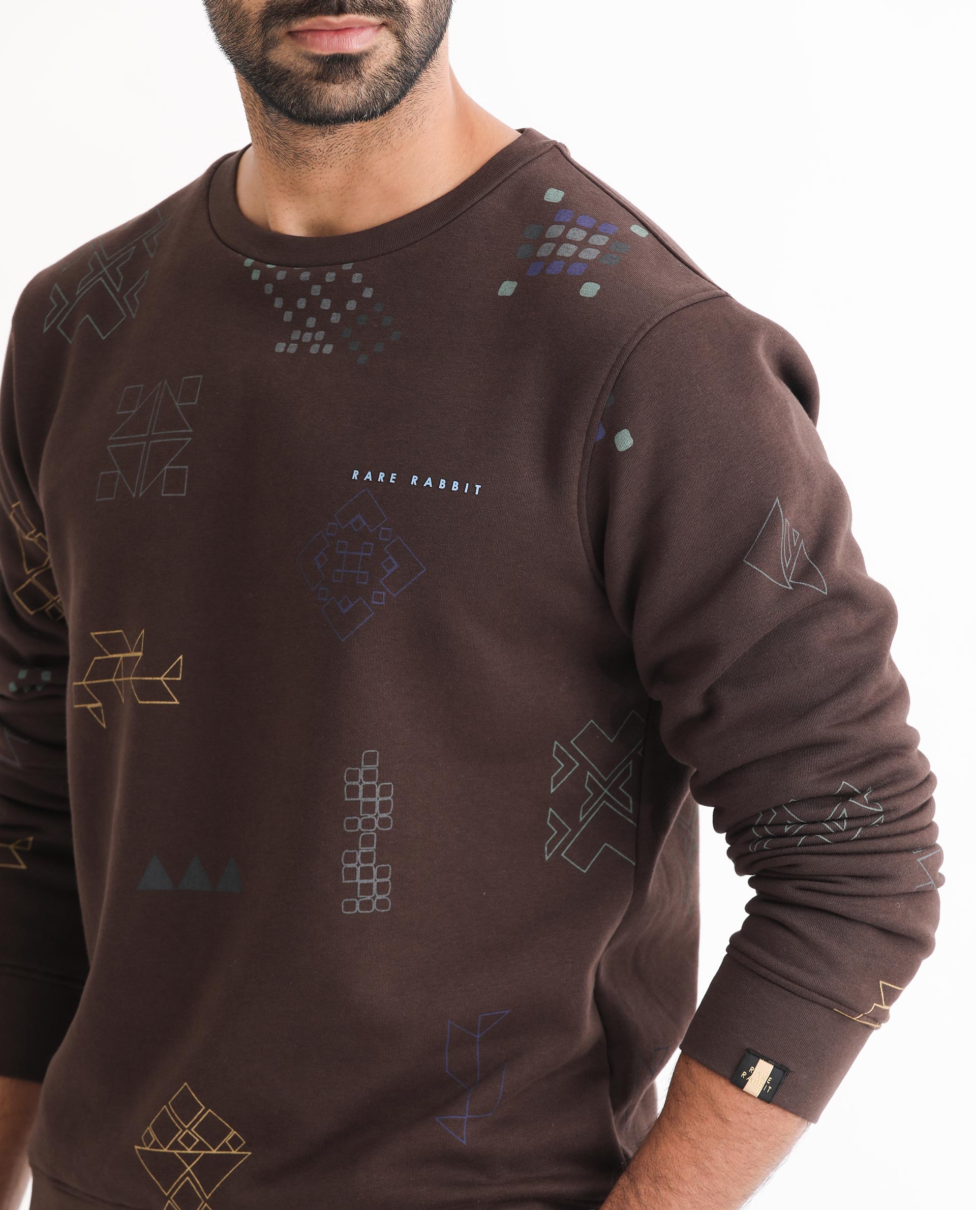 Rare Rabbit Men's Oli Brown Cotton Polyester Fabric Full Sleeves Graphic Print Sweatshirt