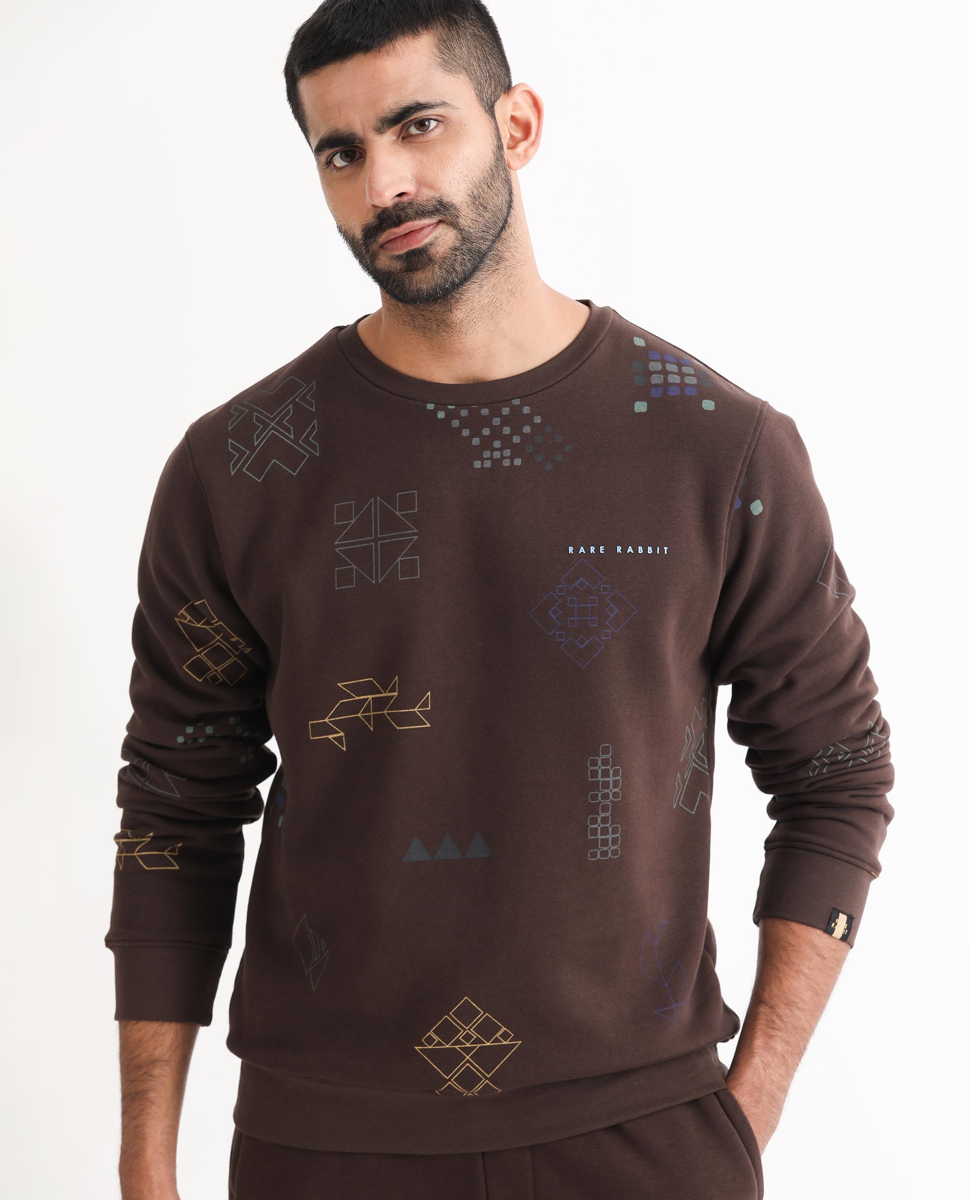 Rare Rabbit Men's Oli Brown Cotton Polyester Fabric Full Sleeves Graphic Print Sweatshirt