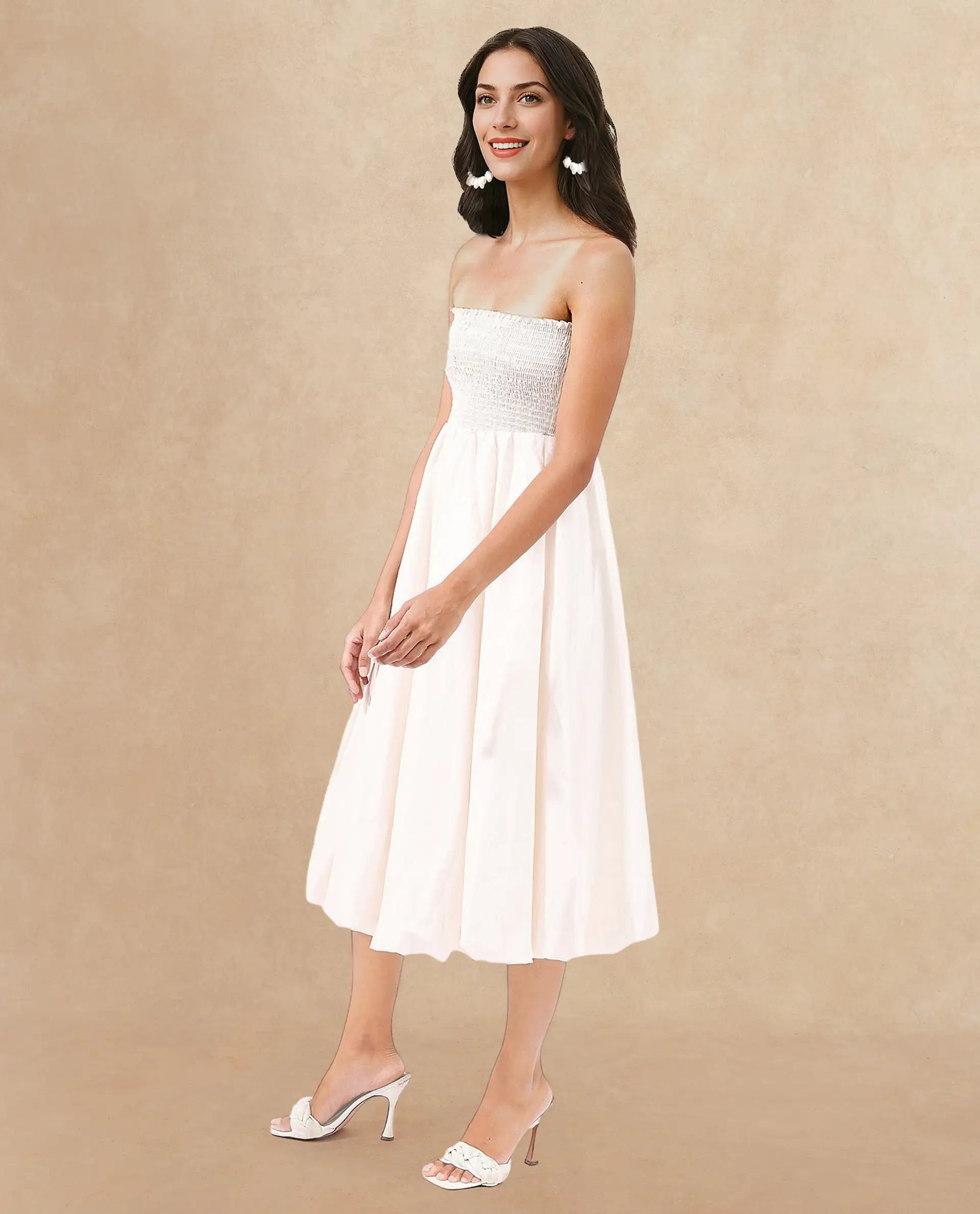 Rareism Women's Oligue Beige Cotton Shoulder Strap Plain Shoulder Strap Midi Fit And Flare Dress