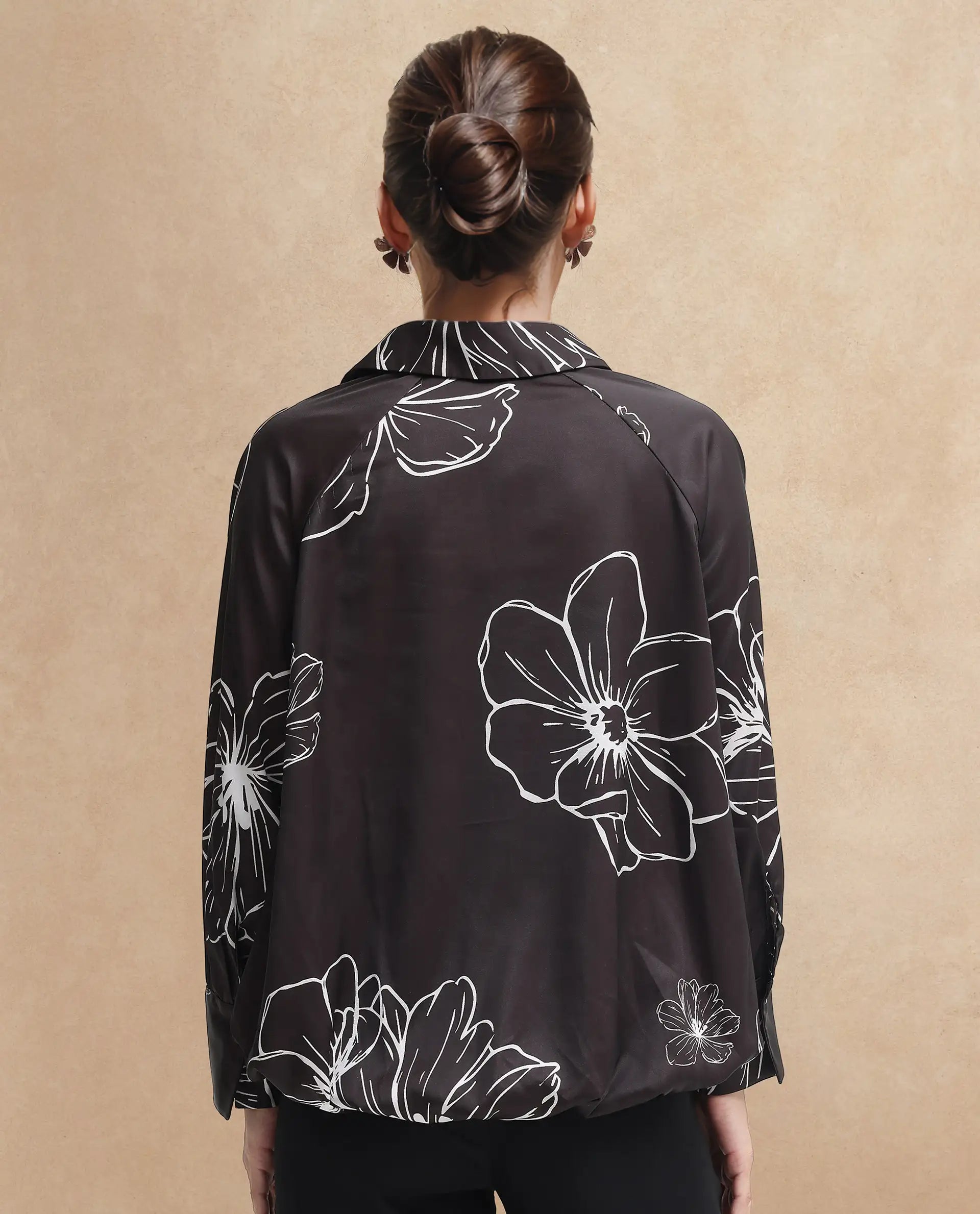 Rareism Women's Olin Sc Dark Brown Satin Drop Collar Floral Print Raglan Sleeve Regular Fit Top