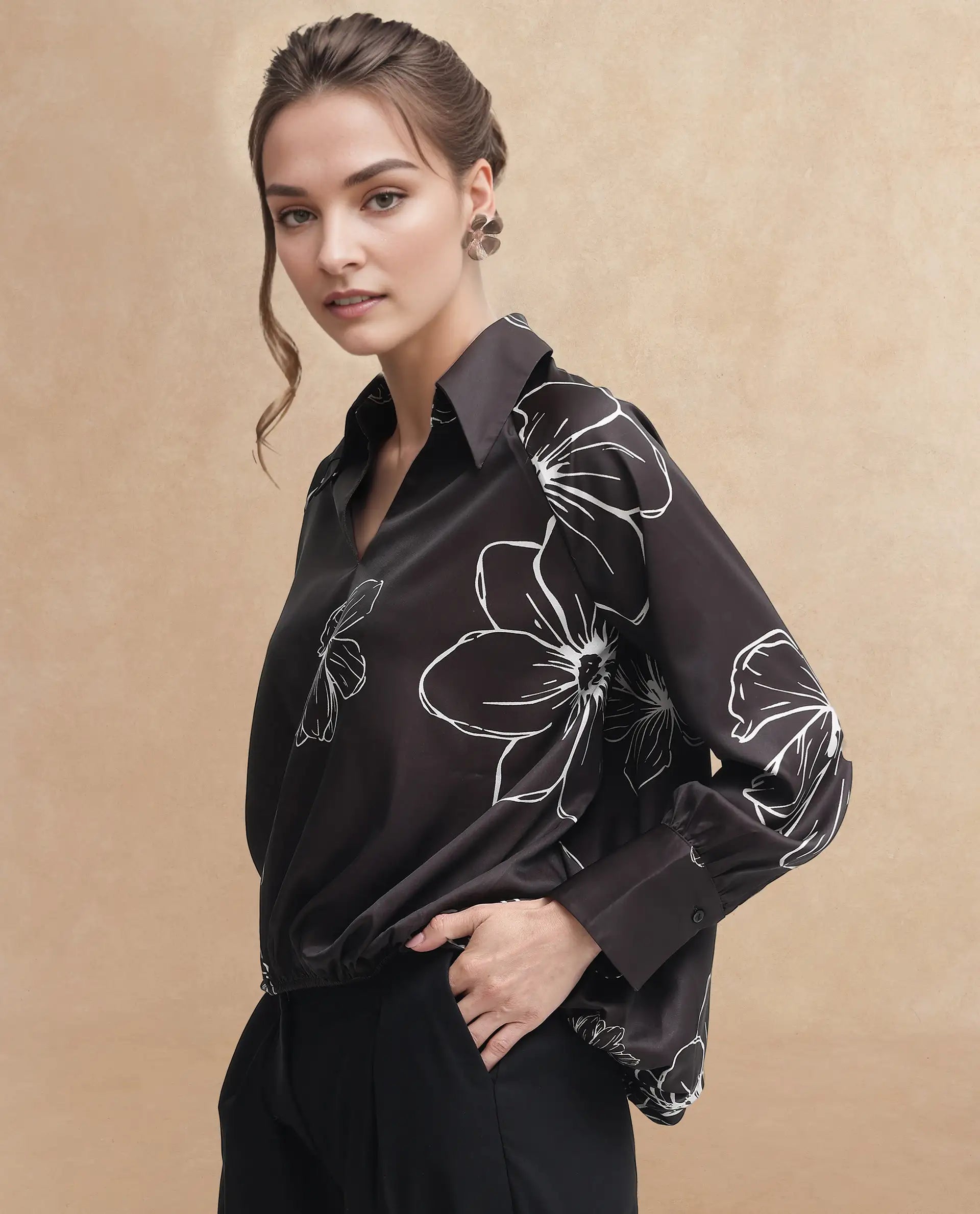 Rareism Women's Olin Sc Dark Brown Satin Drop Collar Floral Print Raglan Sleeve Regular Fit Top