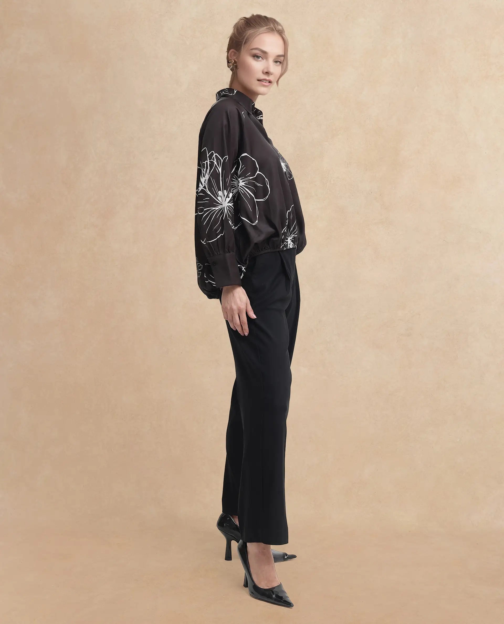 Rareism Women's Olin Sc Dark Brown Satin Drop Collar Floral Print Raglan Sleeve Regular Fit Top