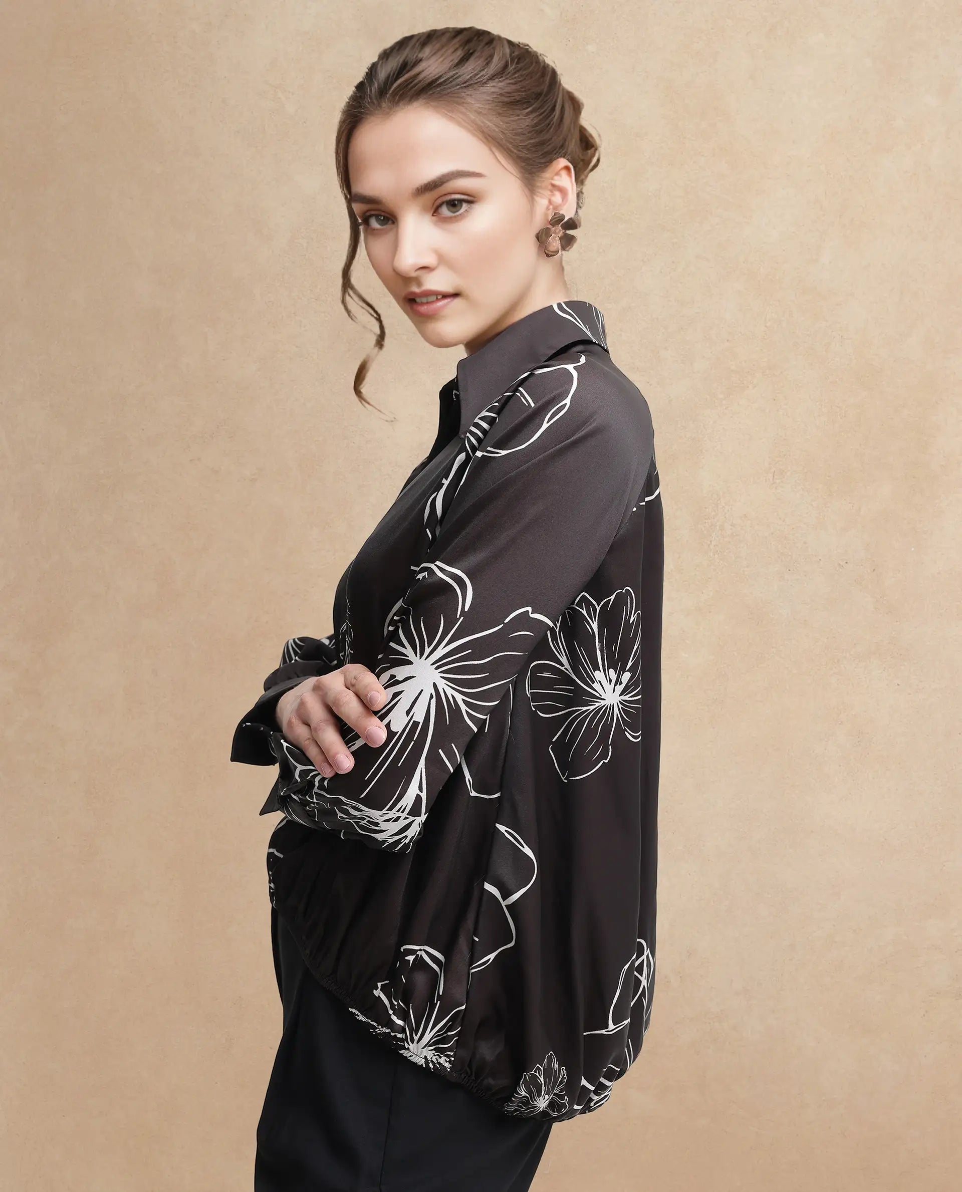 Rareism Women's Olin Dark Brown Polyester Drop Collar Floral Print Raglan Sleeve Regular Fit Top