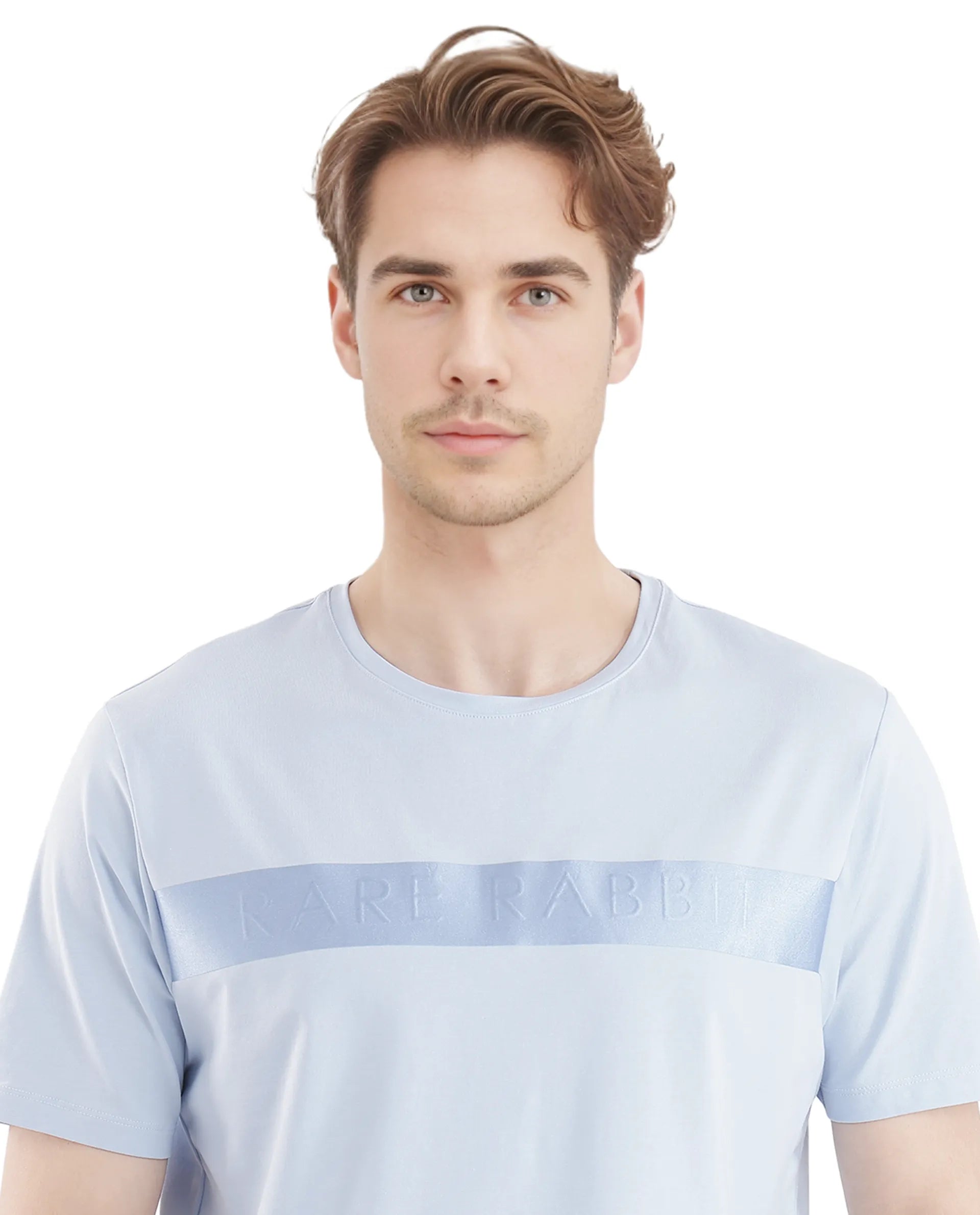 Rare Rabbit Men's Olios-1 Light Blue Cotton Lycra Fabric Short Sleeve Crew Neck Graphic Print T-Shirt