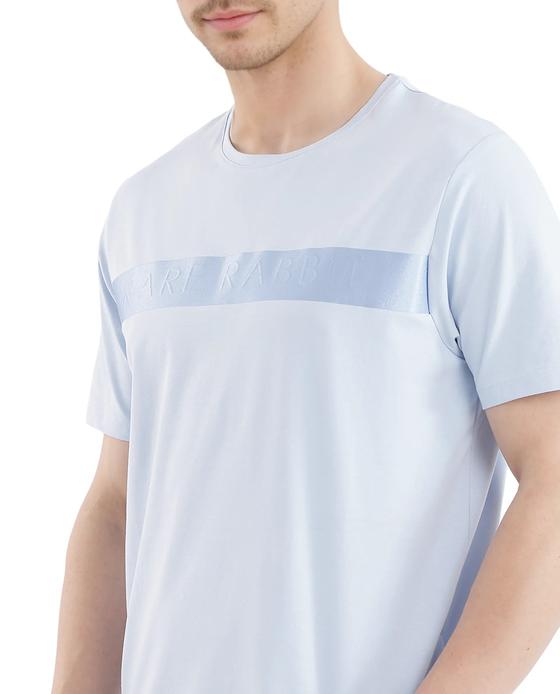 Rare Rabbit Men's Olios-1 Light Blue Cotton Lycra Fabric Short Sleeve Crew Neck Graphic Print T-Shirt