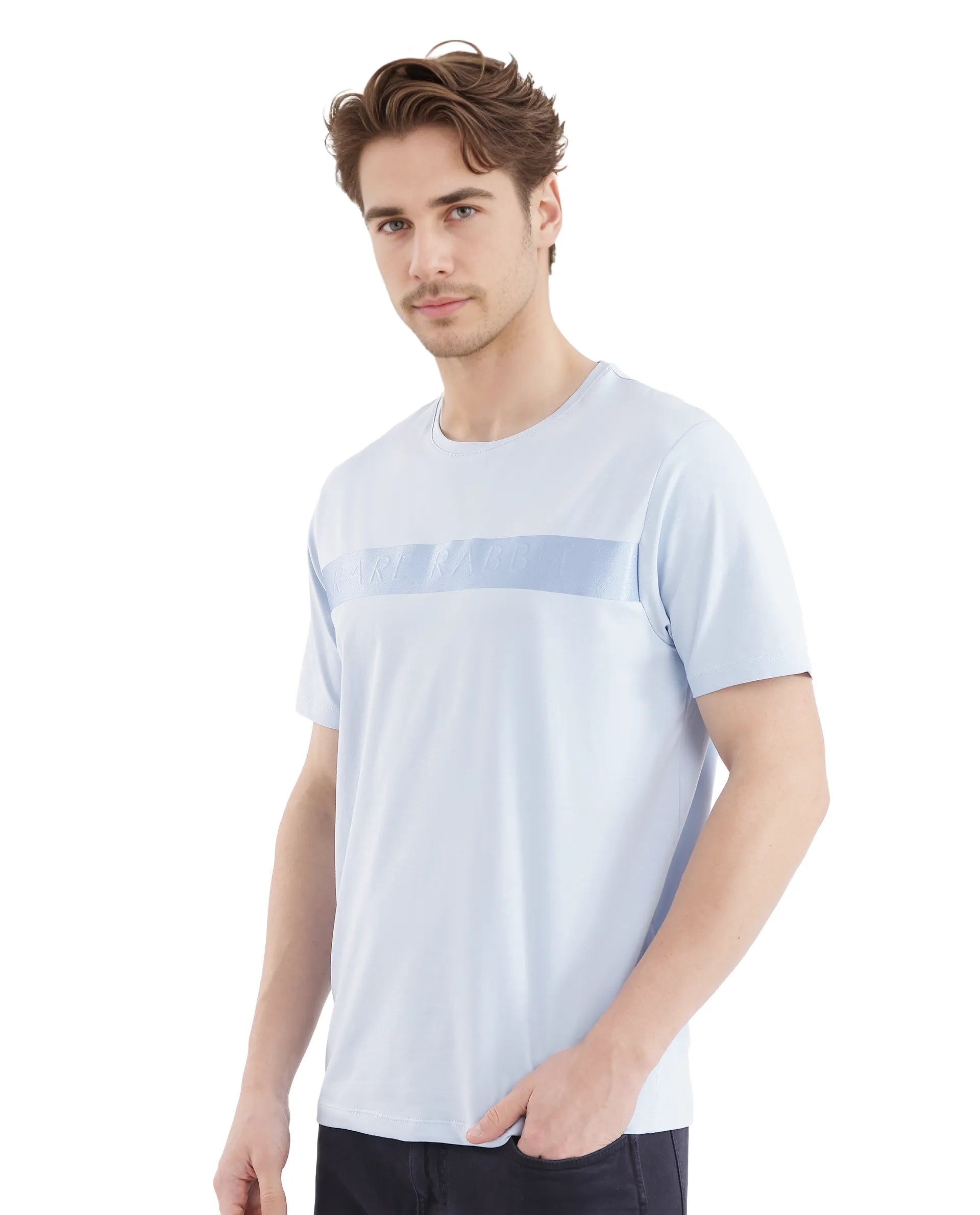 Rare Rabbit Men's Olios-1 Light Blue Cotton Lycra Fabric Short Sleeve Crew Neck Graphic Print T-Shirt
