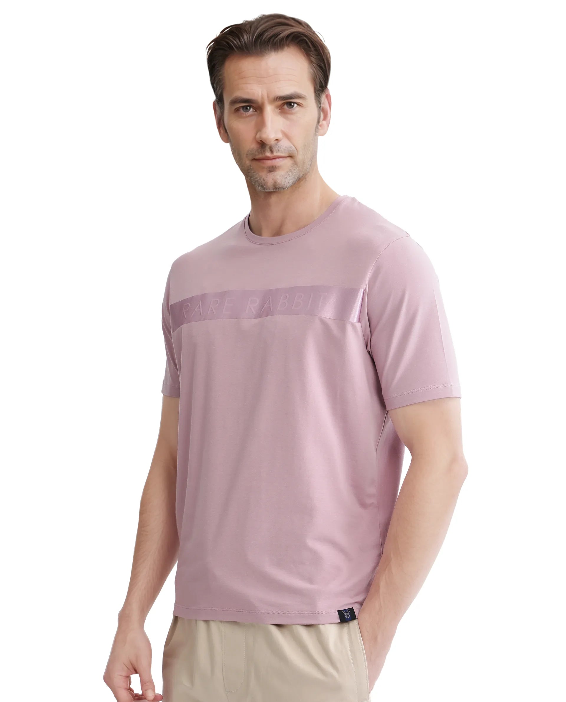 Rare Rabbit Men's Olios-1 Light Pink Cotton Lycra Fabric Short Sleeve Crew Neck Graphic Print T-Shirt