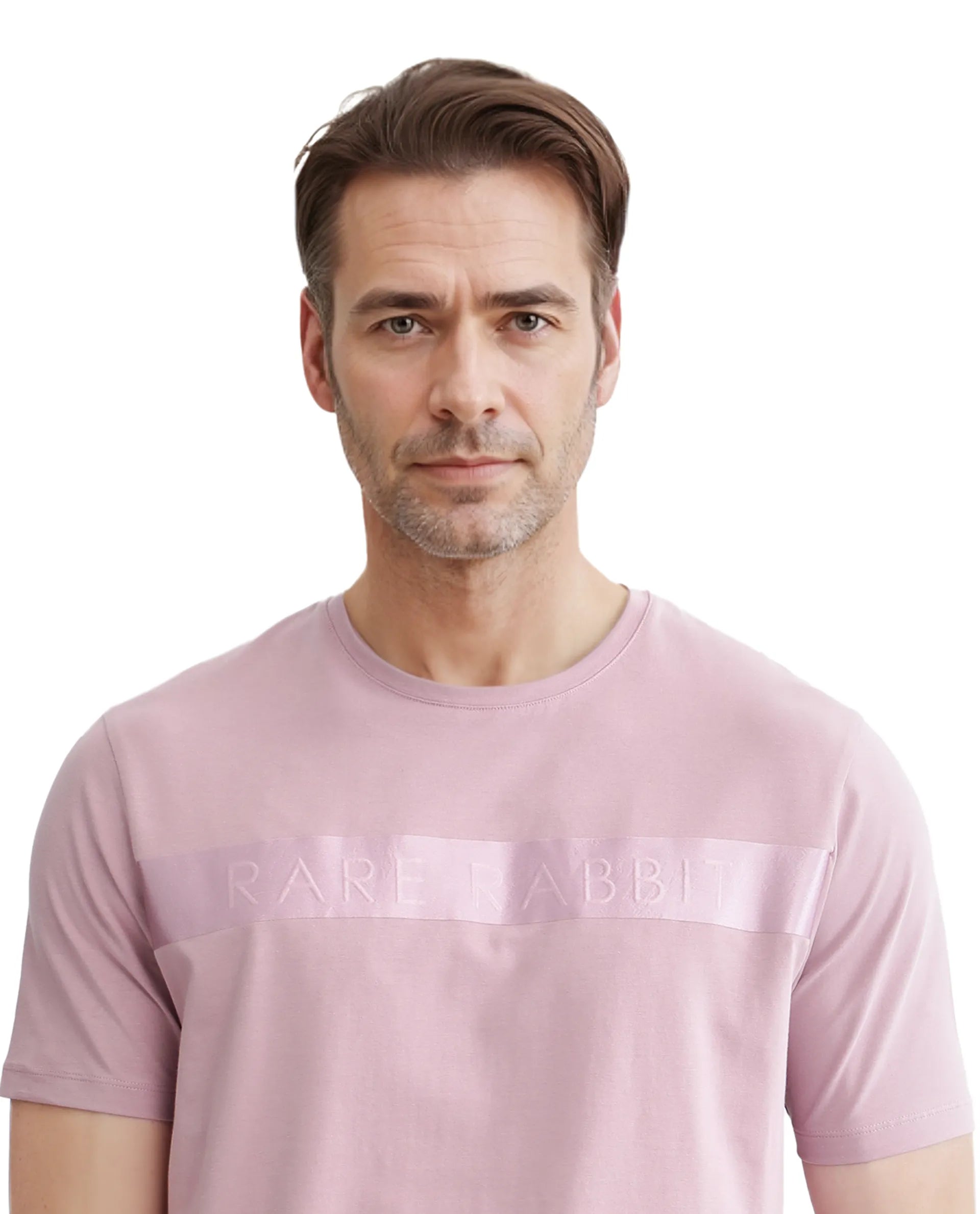 Rare Rabbit Men's Olios-1 Light Pink Cotton Lycra Fabric Short Sleeve Crew Neck Graphic Print T-Shirt