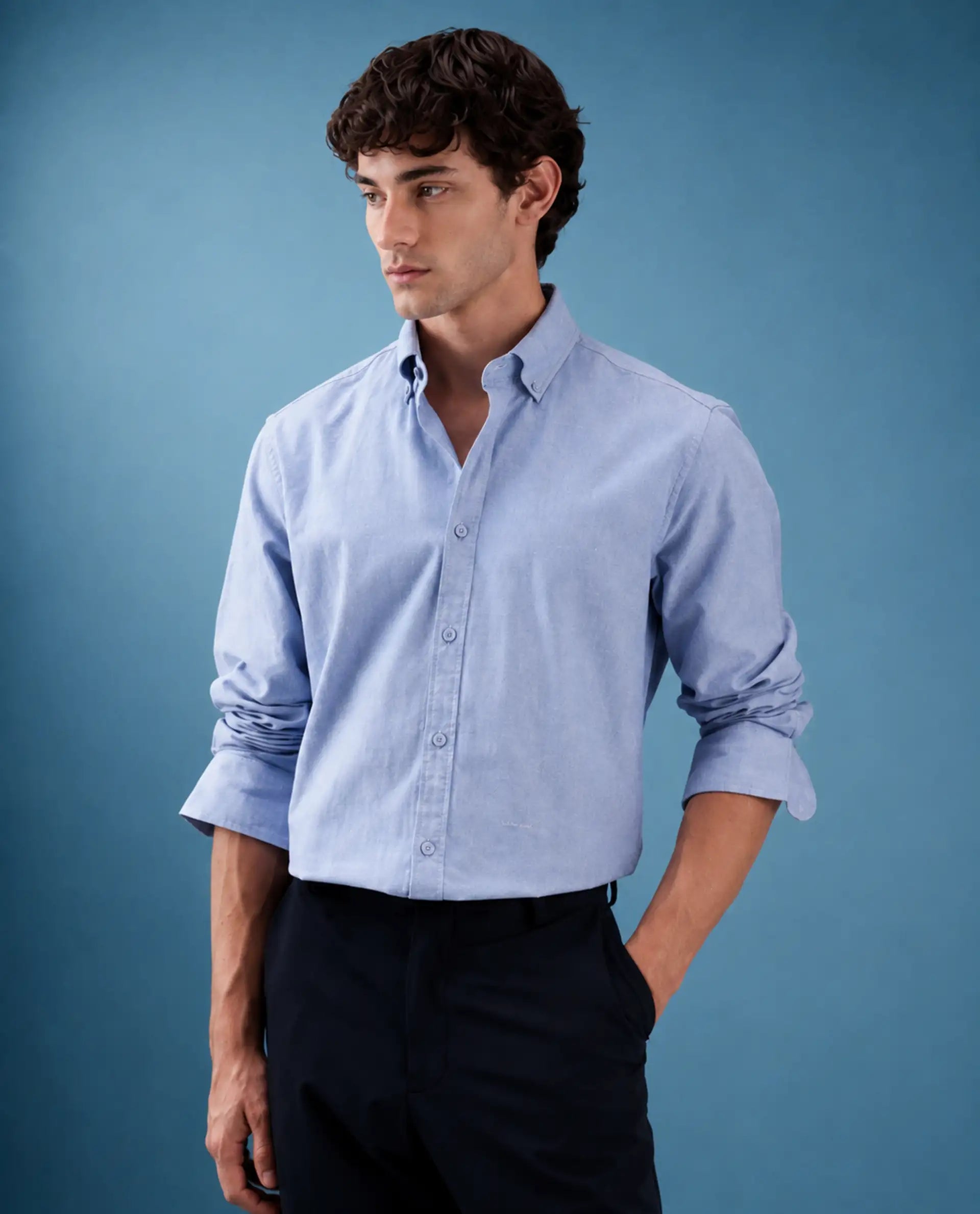 Rare Rabbit Men's Olise Blue Cotton Spread Collar Button Regular Fit Plain Shirt