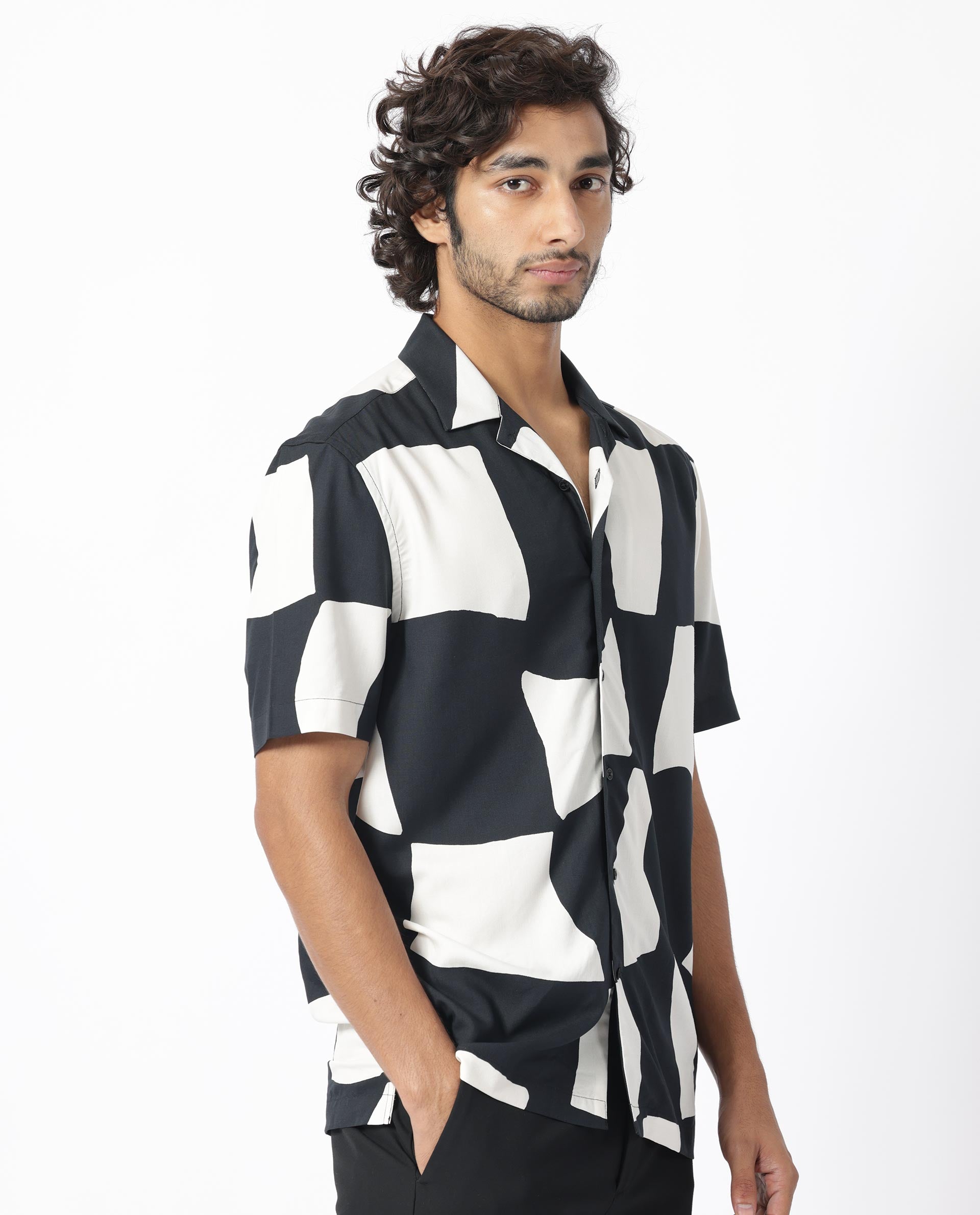 Rare Rabbit Men's Olivar Black Viscose Fabric Abstract Print Half Sleeves Shirt