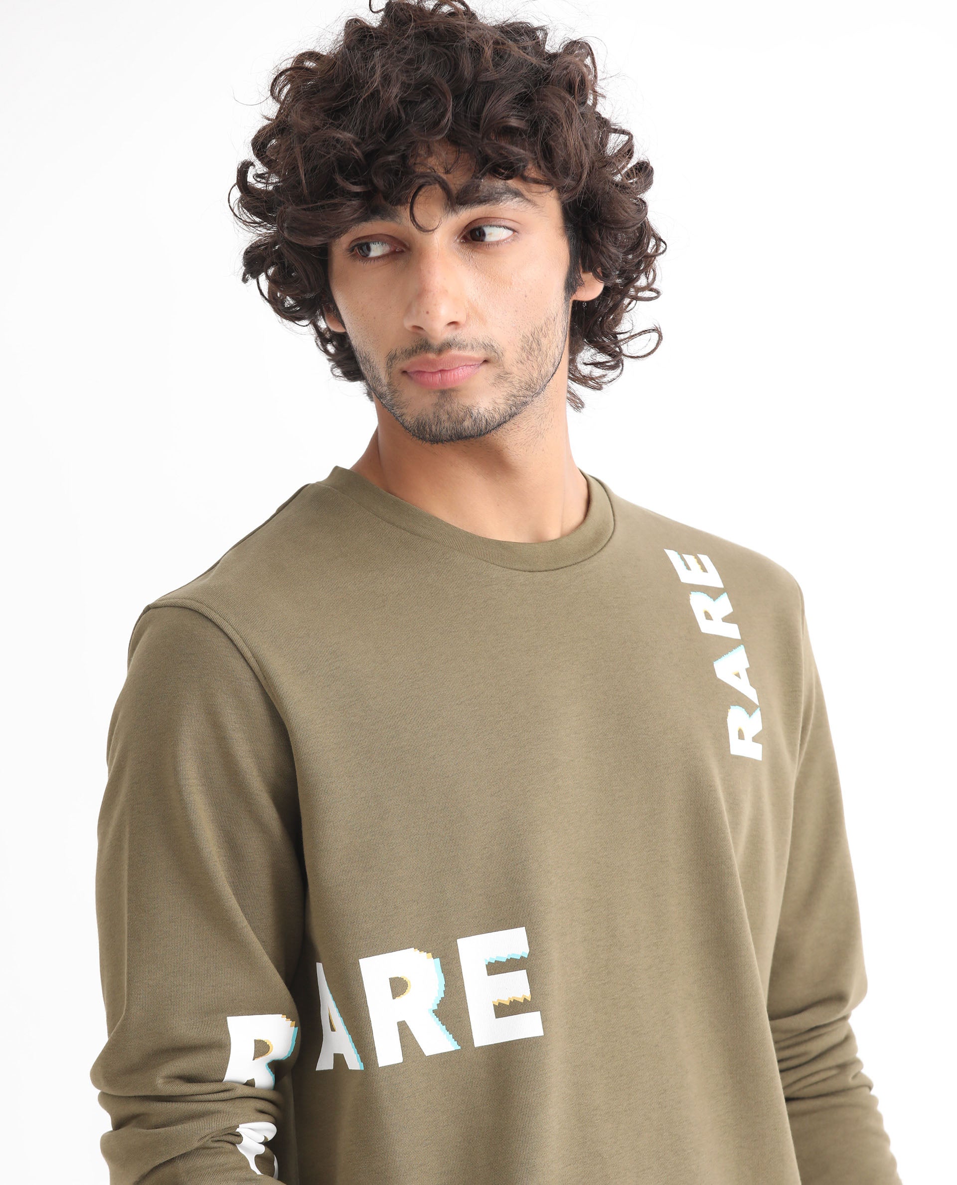 Rare Rabbit Men's Cloviss Olive Cotton Polyester Fabric Full Sleeves Graphic Statement Print Sweatshirt