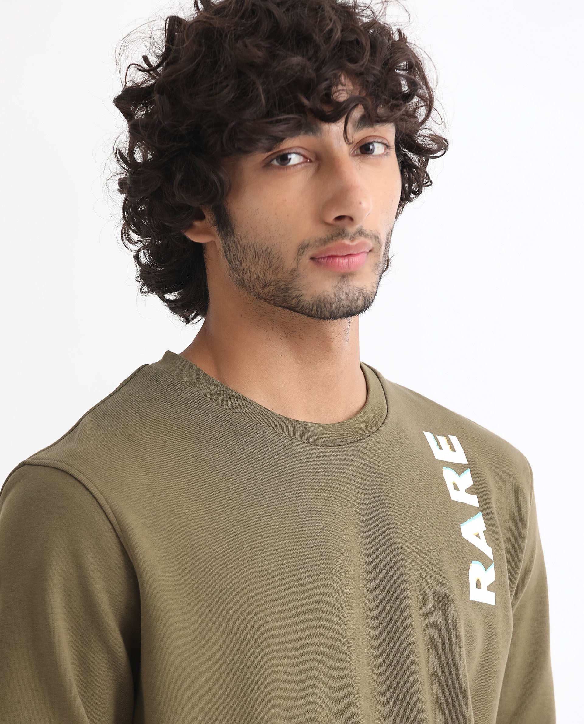 Rare Rabbit Men's Cloviss Olive Cotton Polyester Fabric Full Sleeves Graphic Statement Print Sweatshirt
