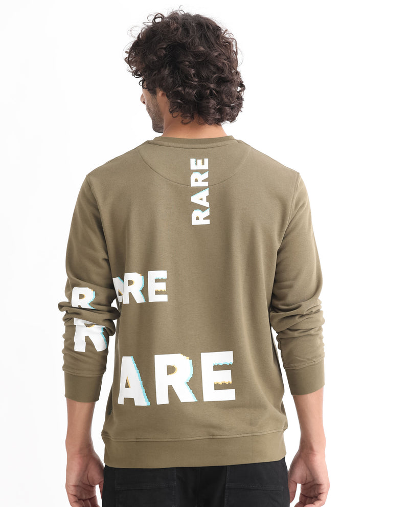 Rare Rabbit Men's Cloviss Olive Cotton Polyester Fabric Full Sleeves Graphic Statement Print Sweatshirt