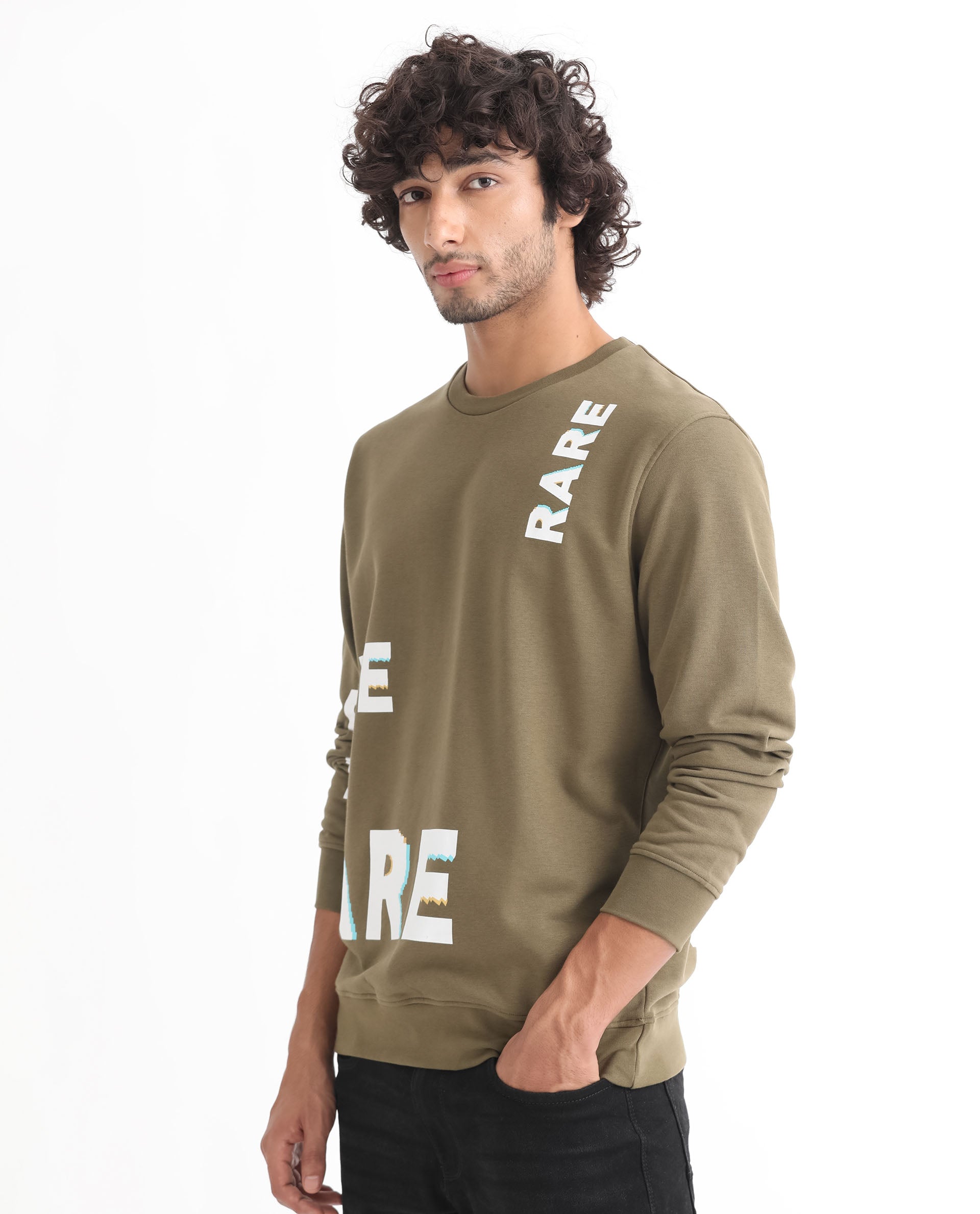 Rare Rabbit Men's Cloviss Olive Cotton Polyester Fabric Full Sleeves Graphic Statement Print Sweatshirt