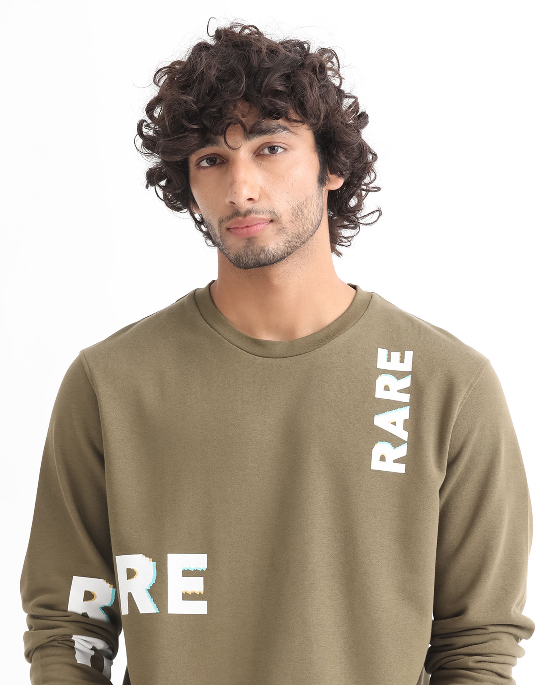 Rare Rabbit Men's Cloviss Olive Cotton Polyester Fabric Full Sleeves Graphic Statement Print Sweatshirt