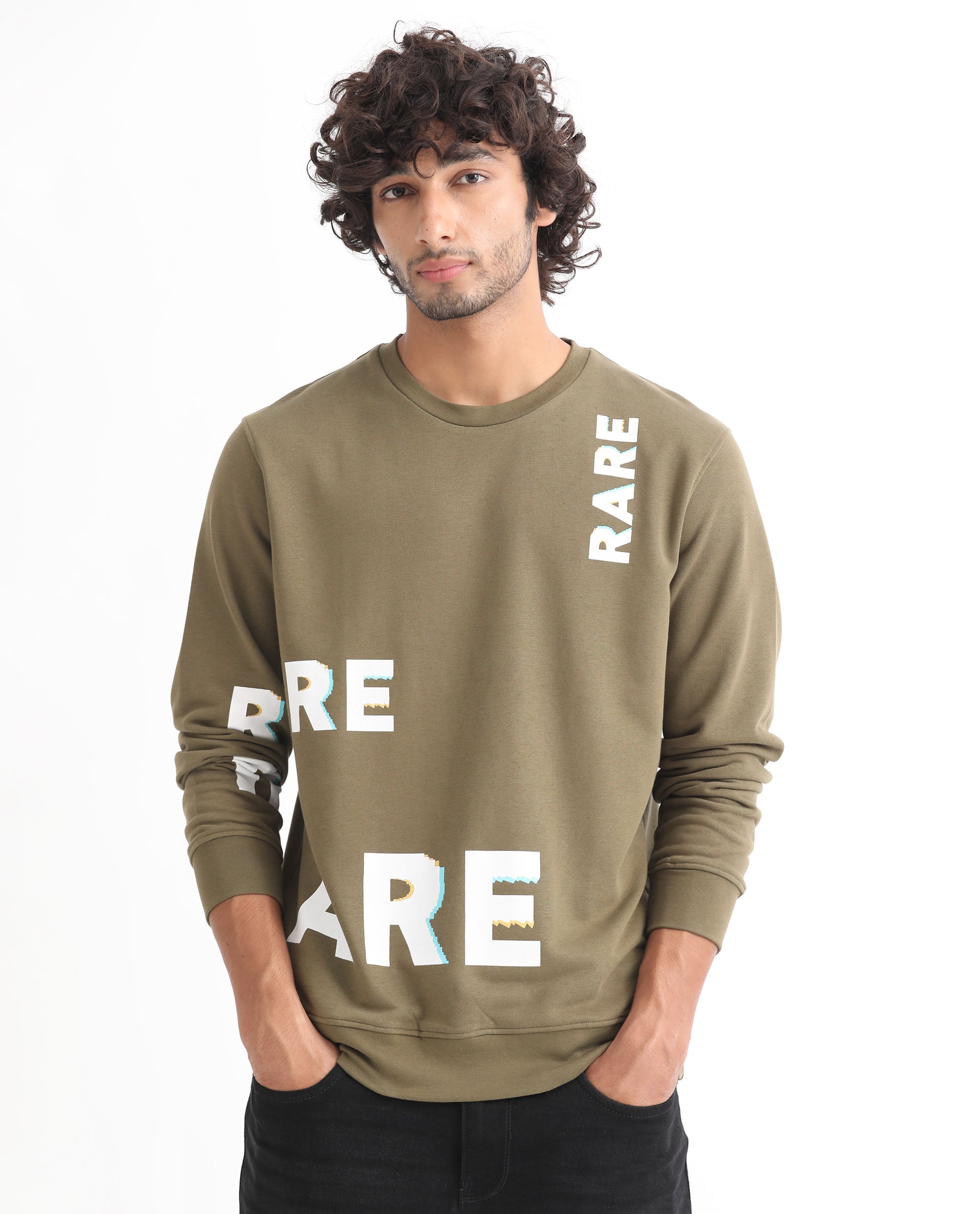 Rare Rabbit Men's Cloviss Olive Cotton Polyester Fabric Full Sleeves Graphic Statement Print Sweatshirt