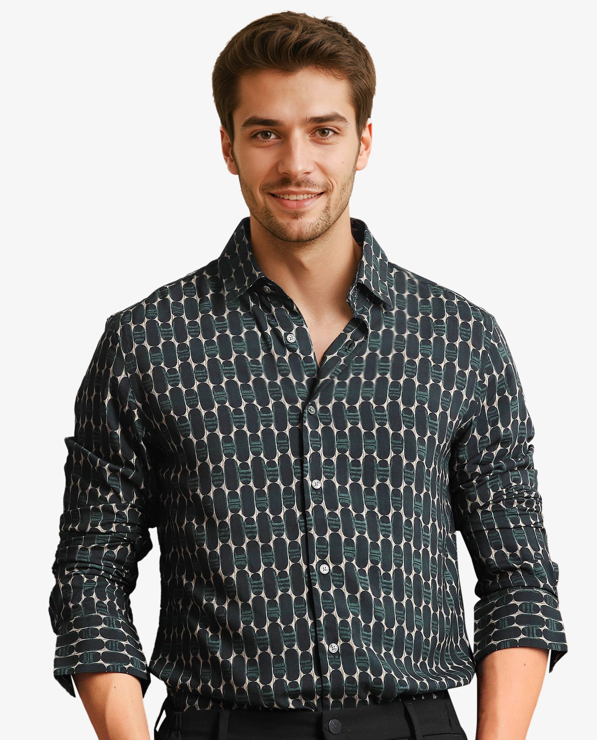 Rare Rabbit Mens Oliver Green Viscose Fabric Full Sleeves Slim Fit Geometric Print Shirt