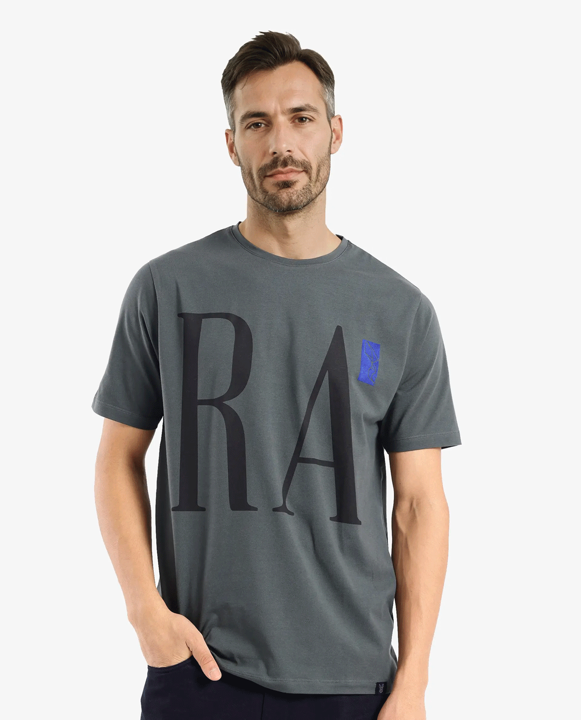 Rare Rabbit Men Olivo Dusky Olive Cotton Lycra Fabric Short Sleeve Crew Neck Regular Fit Graphic Print With Flock Printed Logo T-Shirt