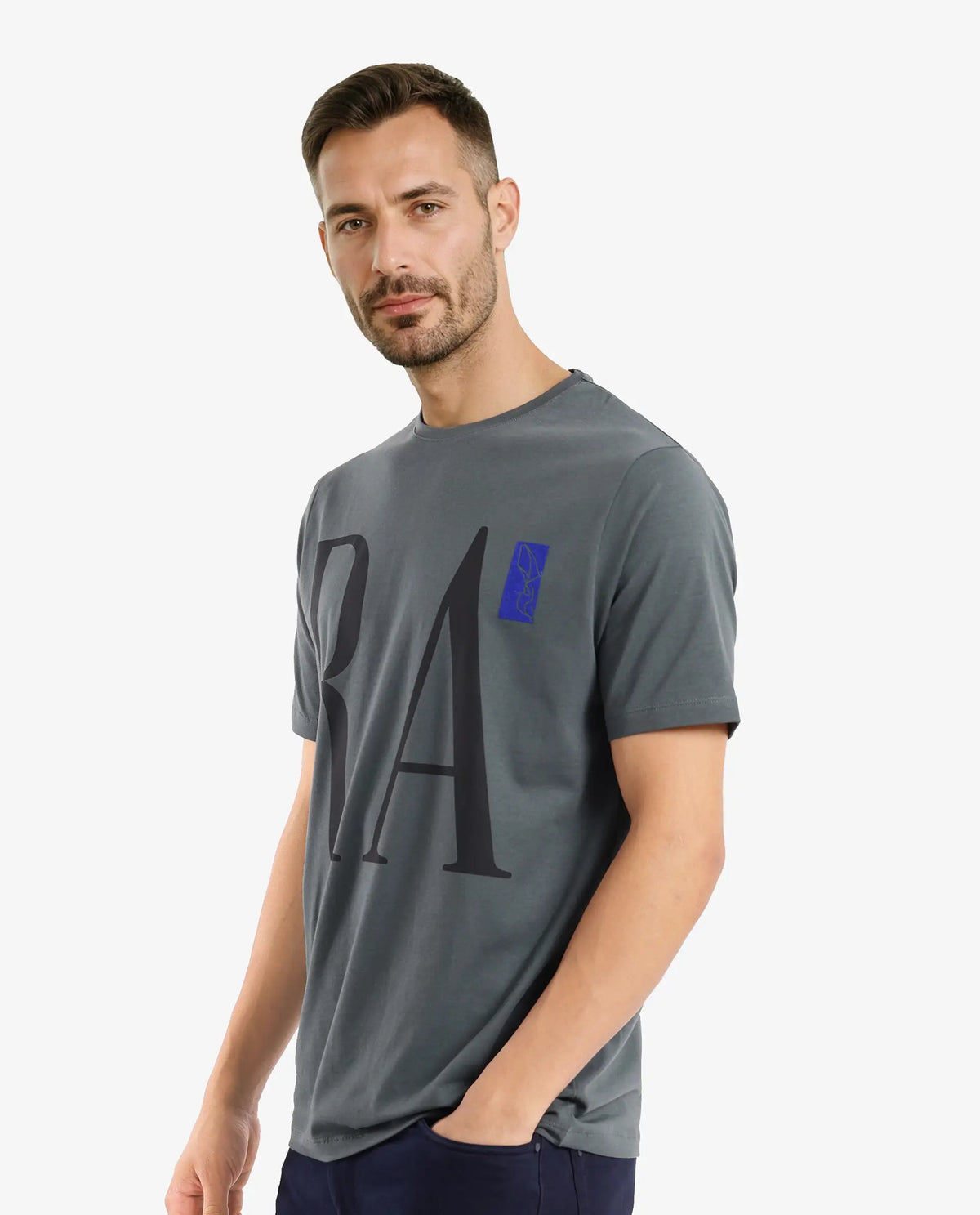 Rare Rabbit Men Olivo Dusky Olive Cotton Lycra Fabric Short Sleeve Crew Neck Regular Fit Graphic Print With Flock Printed Logo T-Shirt