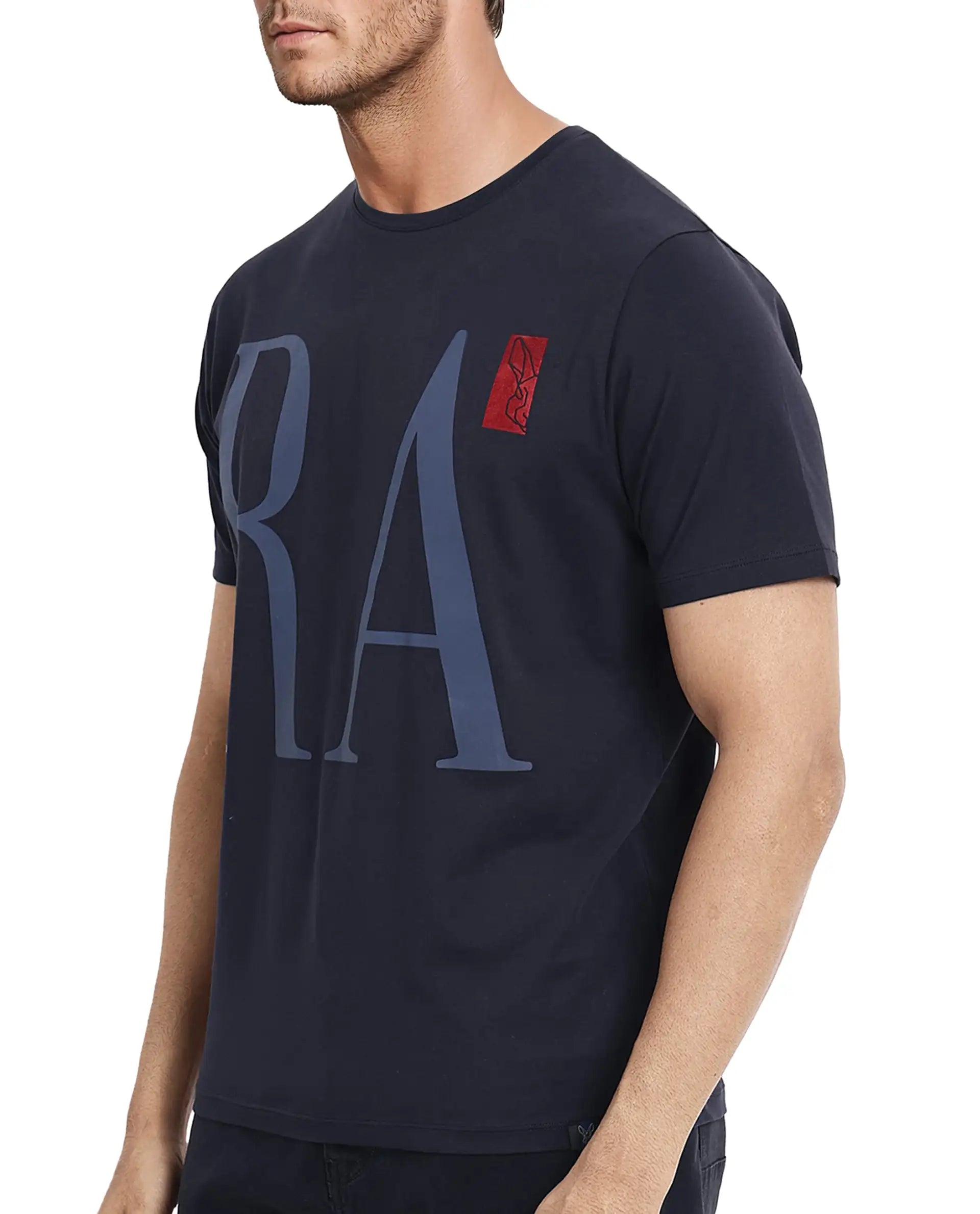 Rare Rabbit Men Olivo Navy Cotton Lycra Fabric Short Sleeve Crew Neck Regular Fit Graphic Print With Flock Printed Logo T-Shirt