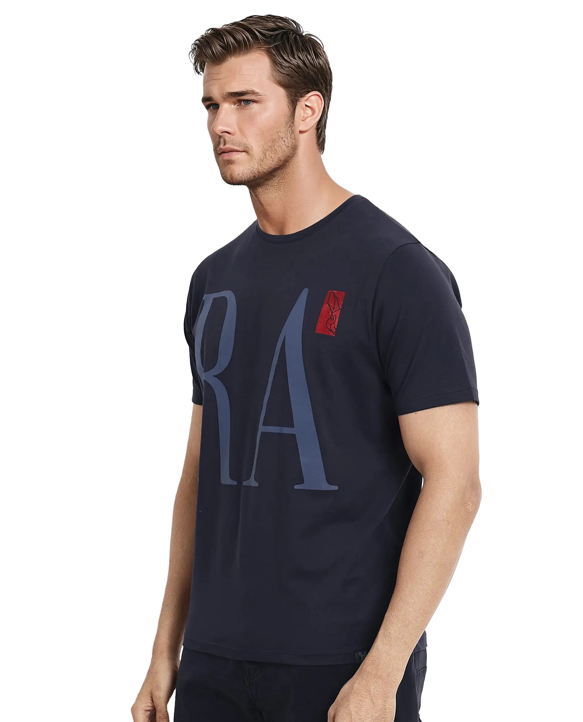 Rare Rabbit Men Olivo Navy Cotton Lycra Fabric Short Sleeve Crew Neck Regular Fit Graphic Print With Flock Printed Logo T-Shirt