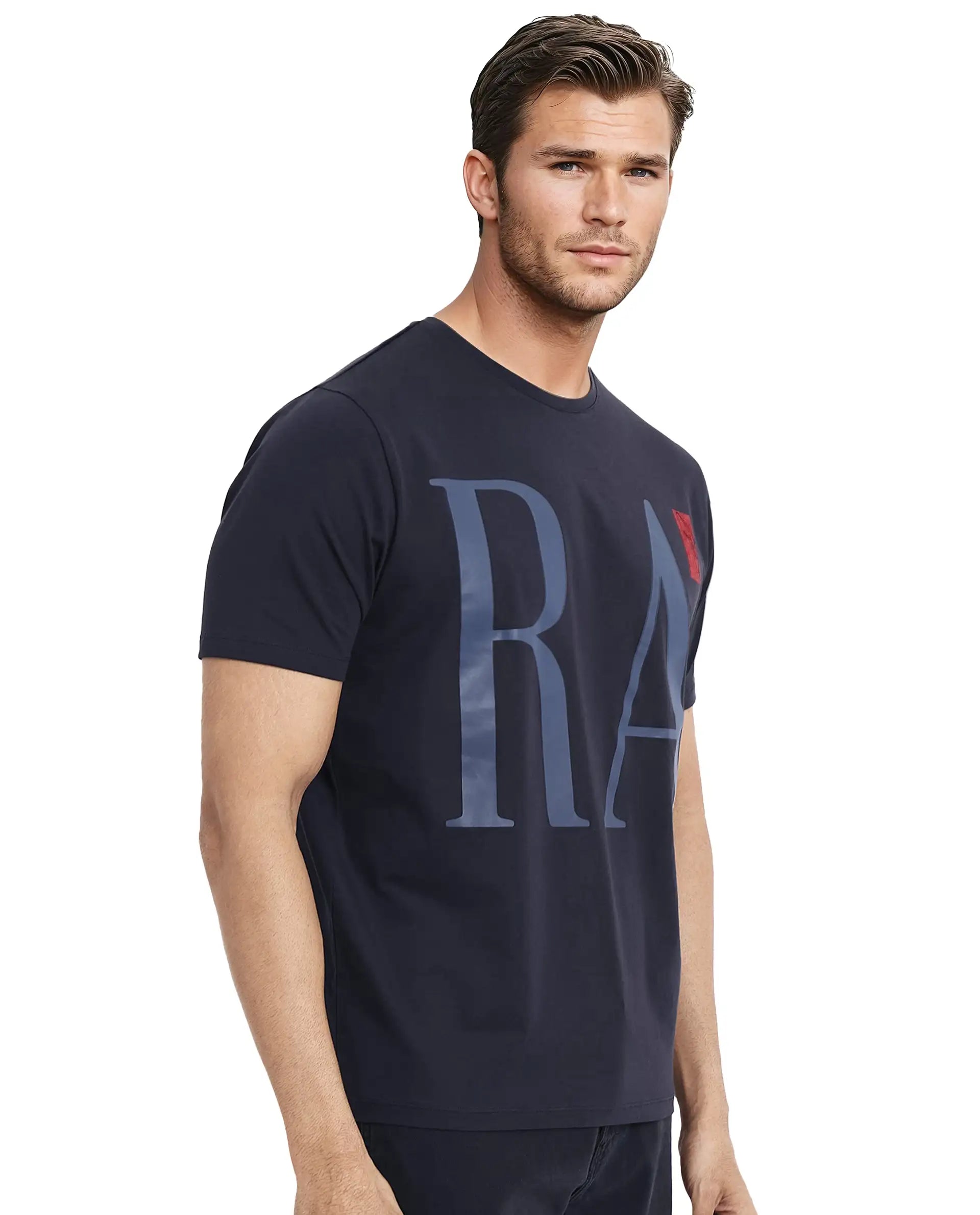 Rare Rabbit Men Olivo Navy Cotton Lycra Fabric Short Sleeve Crew Neck Regular Fit Graphic Print With Flock Printed Logo T-Shirt