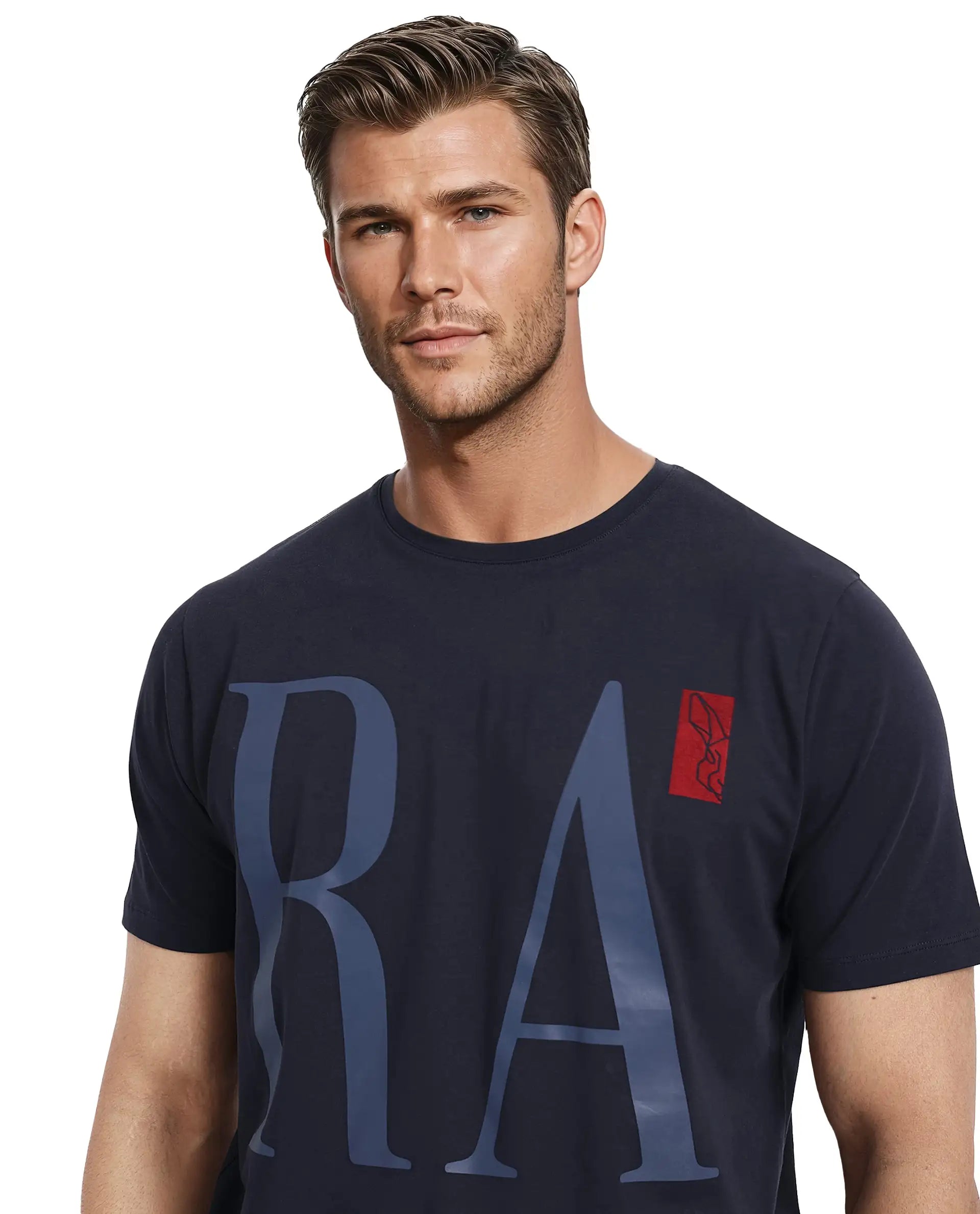 Rare Rabbit Men Olivo Navy Cotton Lycra Fabric Short Sleeve Crew Neck Regular Fit Graphic Print With Flock Printed Logo T-Shirt