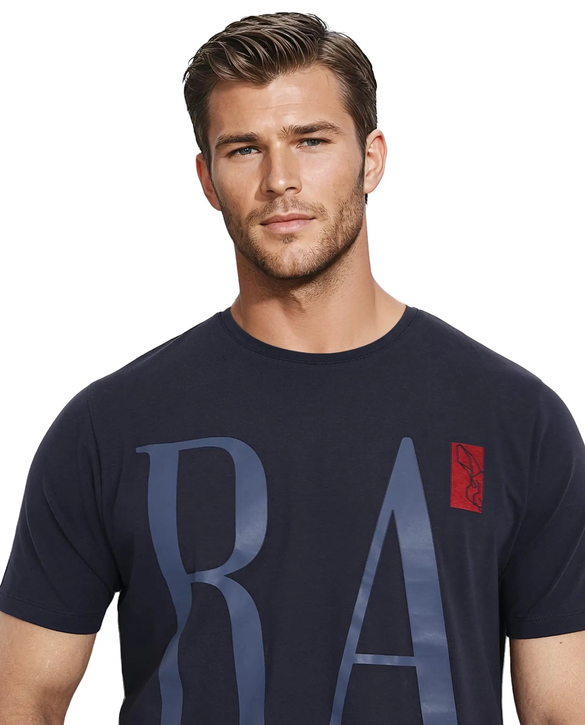 Rare Rabbit Men Olivo Navy Cotton Lycra Fabric Short Sleeve Crew Neck Regular Fit Graphic Print With Flock Printed Logo T-Shirt