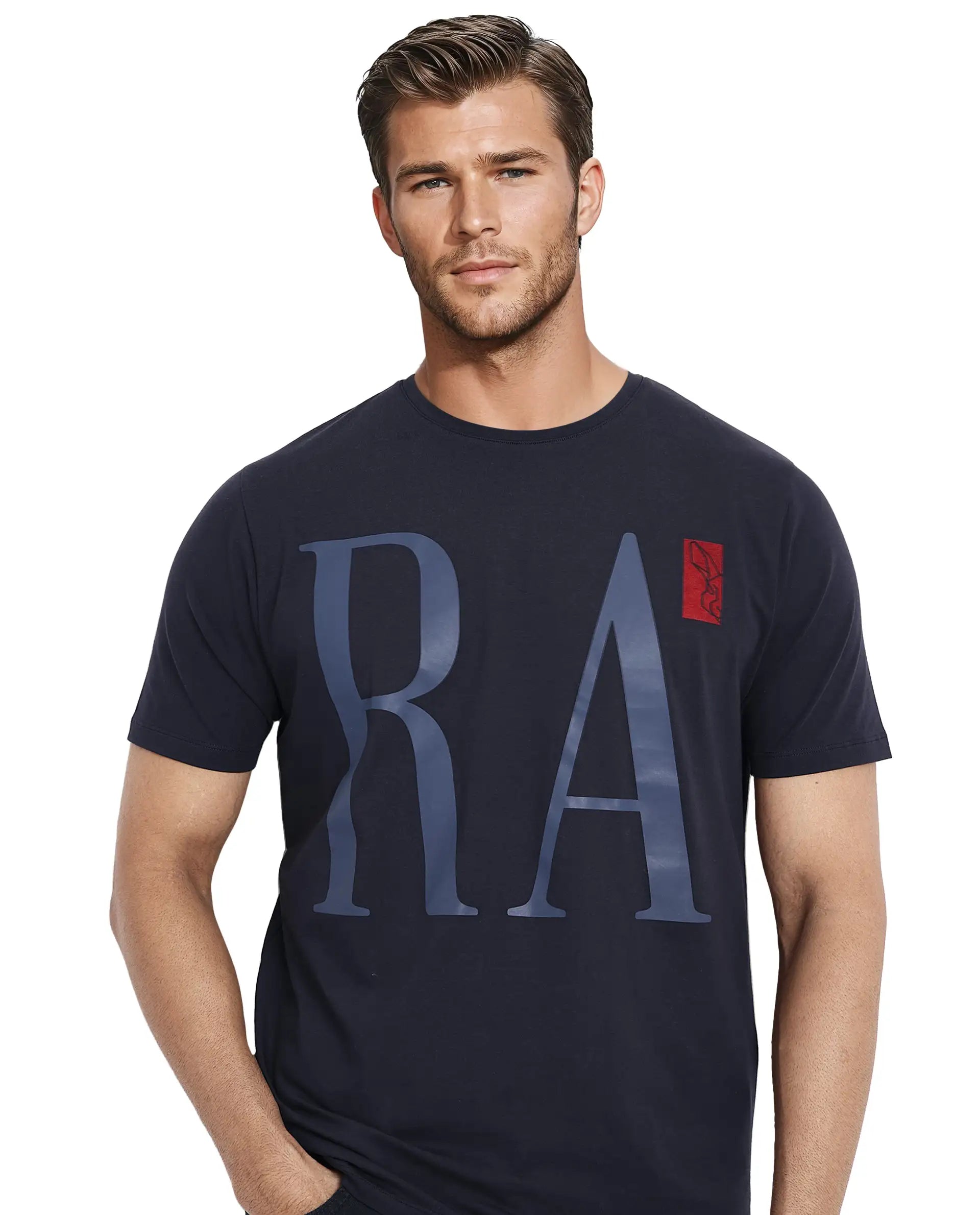 Rare Rabbit Men Olivo Navy Cotton Lycra Fabric Short Sleeve Crew Neck Regular Fit Graphic Print With Flock Printed Logo T-Shirt