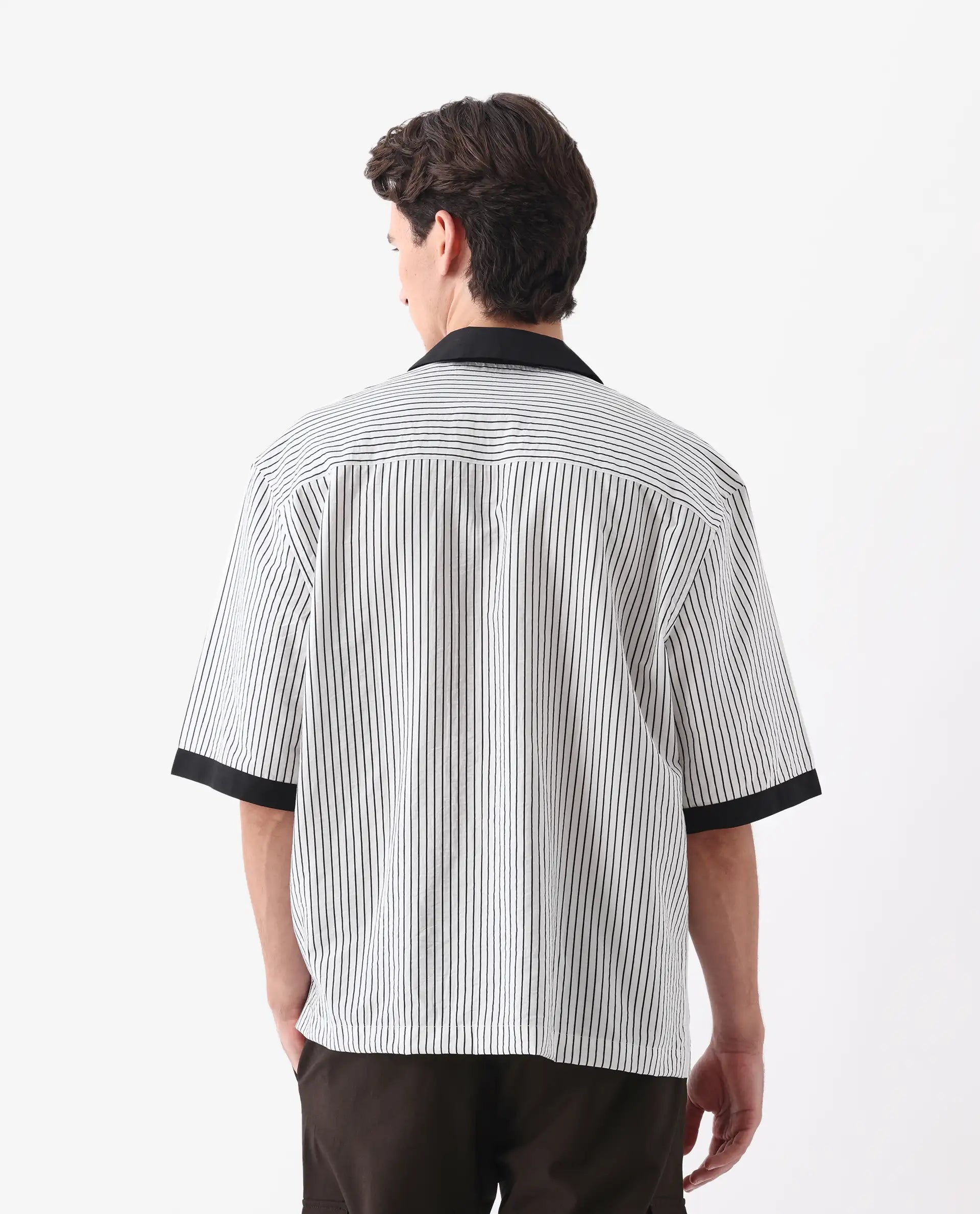 Rare Rabbit Men's Ollie White Viscose Blend Striped Print Boxy Fit Half Sleeve Cuban Collar Shirt