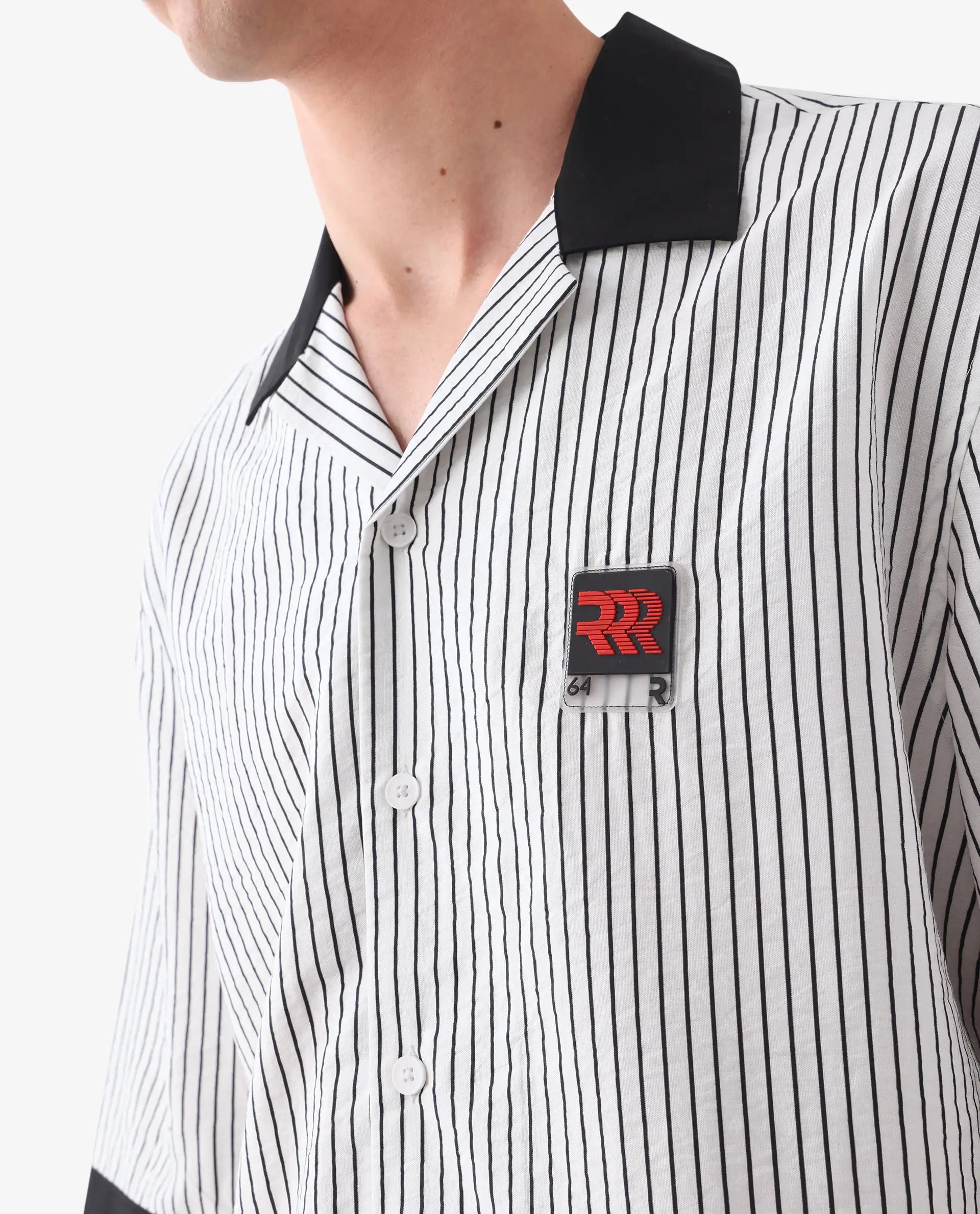 Rare Rabbit Men's Ollie White Viscose Blend Striped Print Boxy Fit Half Sleeve Cuban Collar Shirt