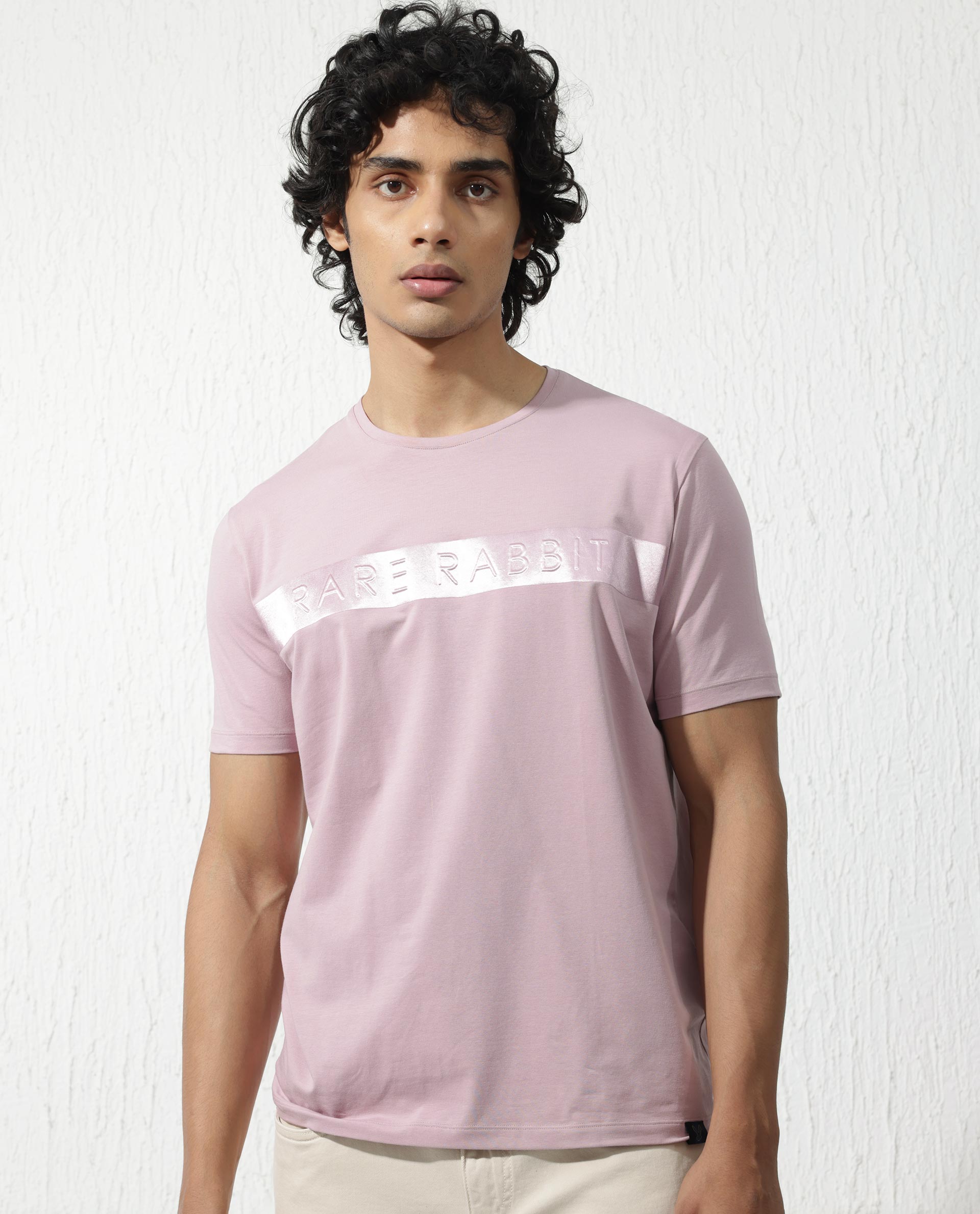 Rare Rabbit Mens Olios Light Pink Cotton Fabric Short Sleeve Crew Neck Satin Print T-Shirt