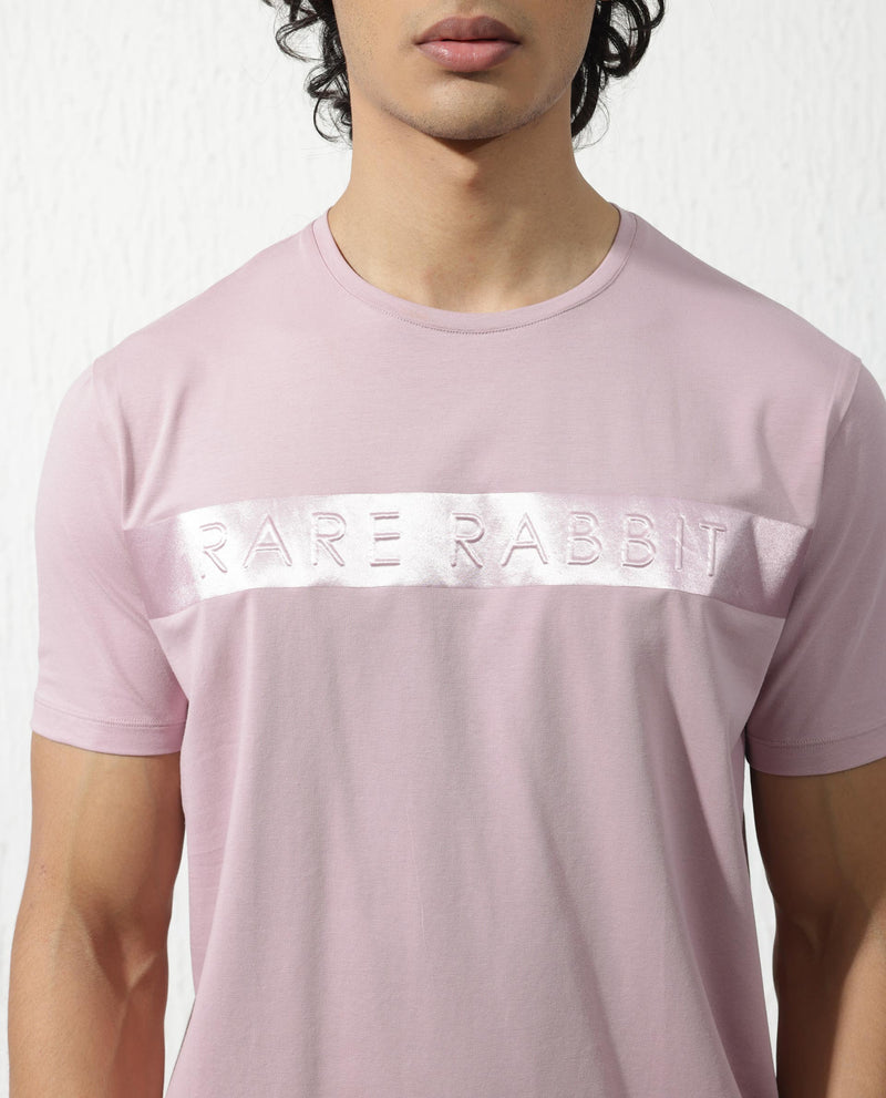 Rare Rabbit Men's Olios Light Pink Cotton Lycra Fabric Half Sleeves Flock Graphic Print T-Shirt