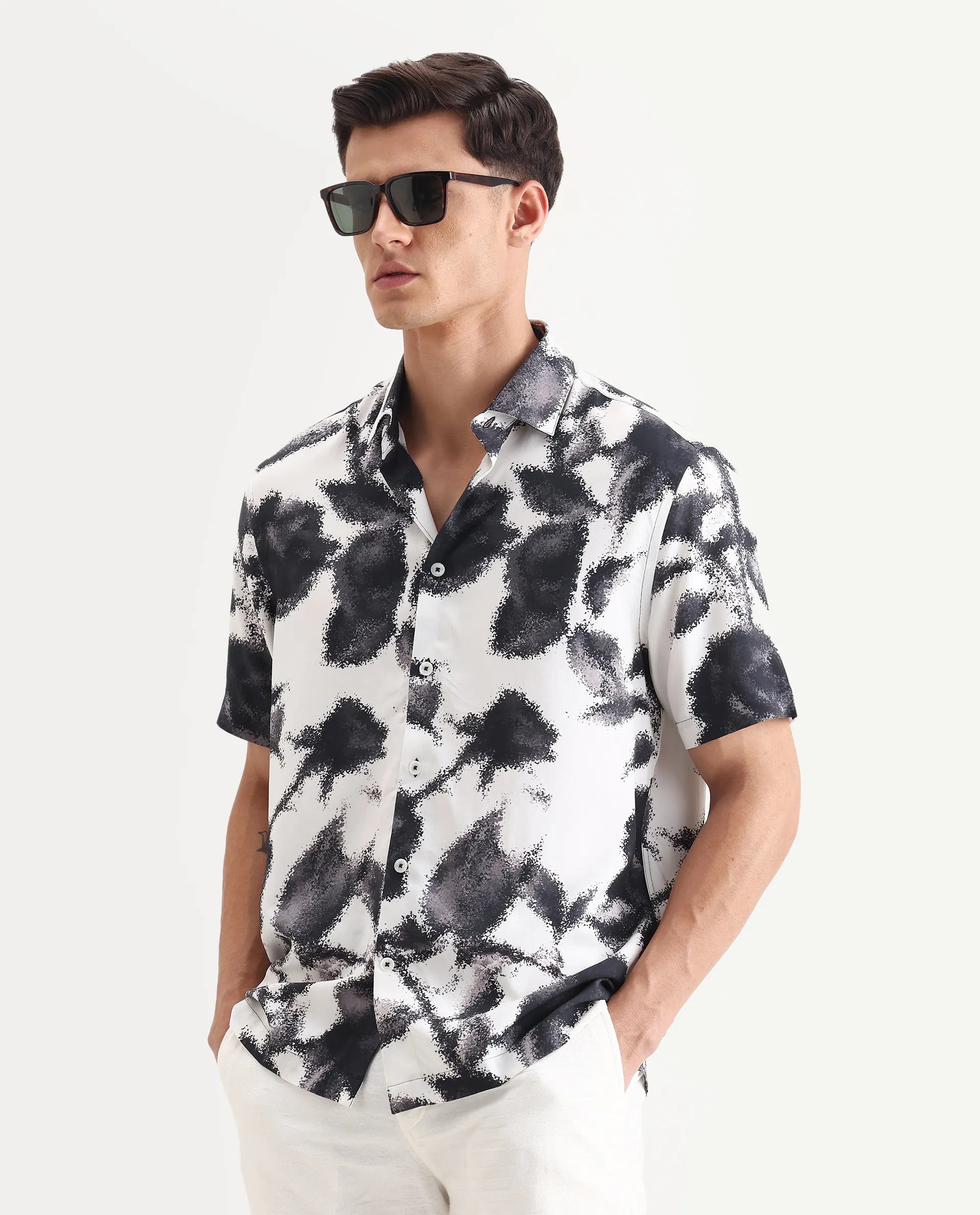 Rare Rabbit Men's Olsa White Viscose Fabric Collared Neck Regular Printed Shirt