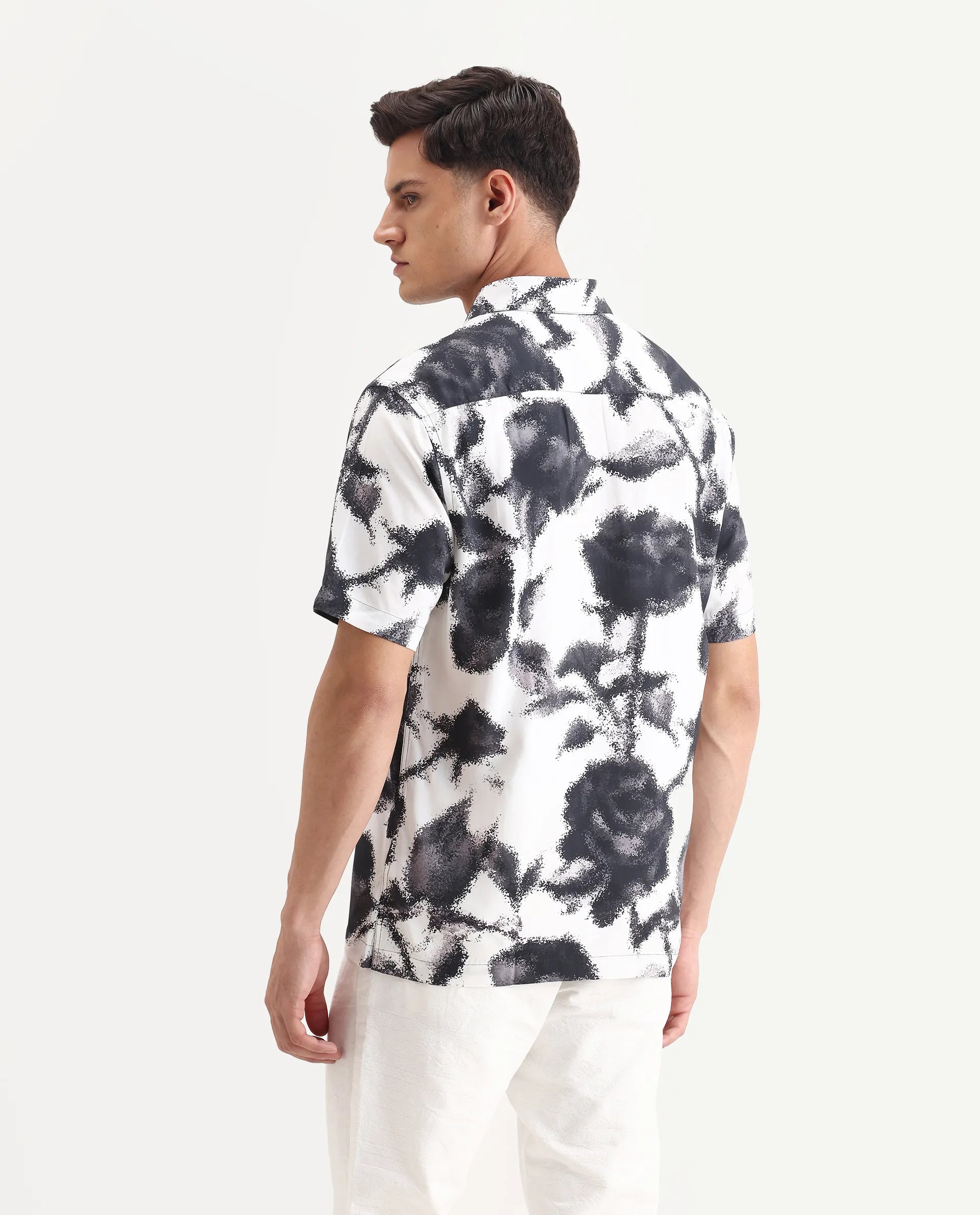 Rare Rabbit Men's Olsa White Viscose Fabric Collared Neck Regular Printed Shirt