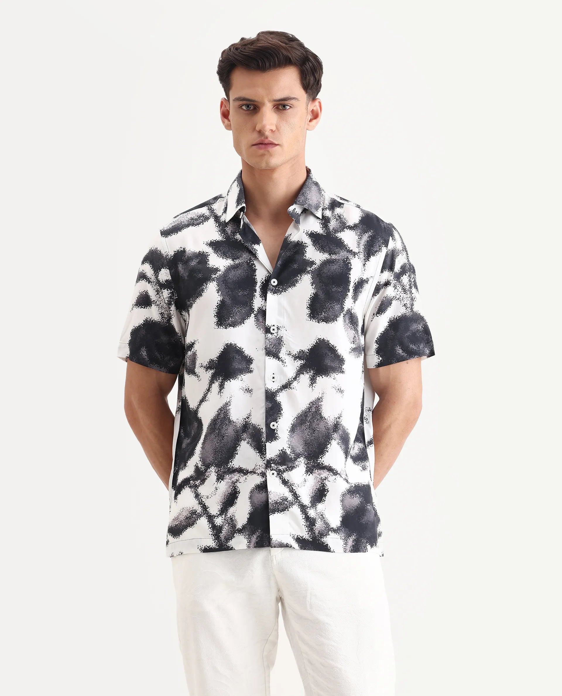 Rare Rabbit Men's Olsa White Viscose Fabric Collared Neck Regular Printed Shirt