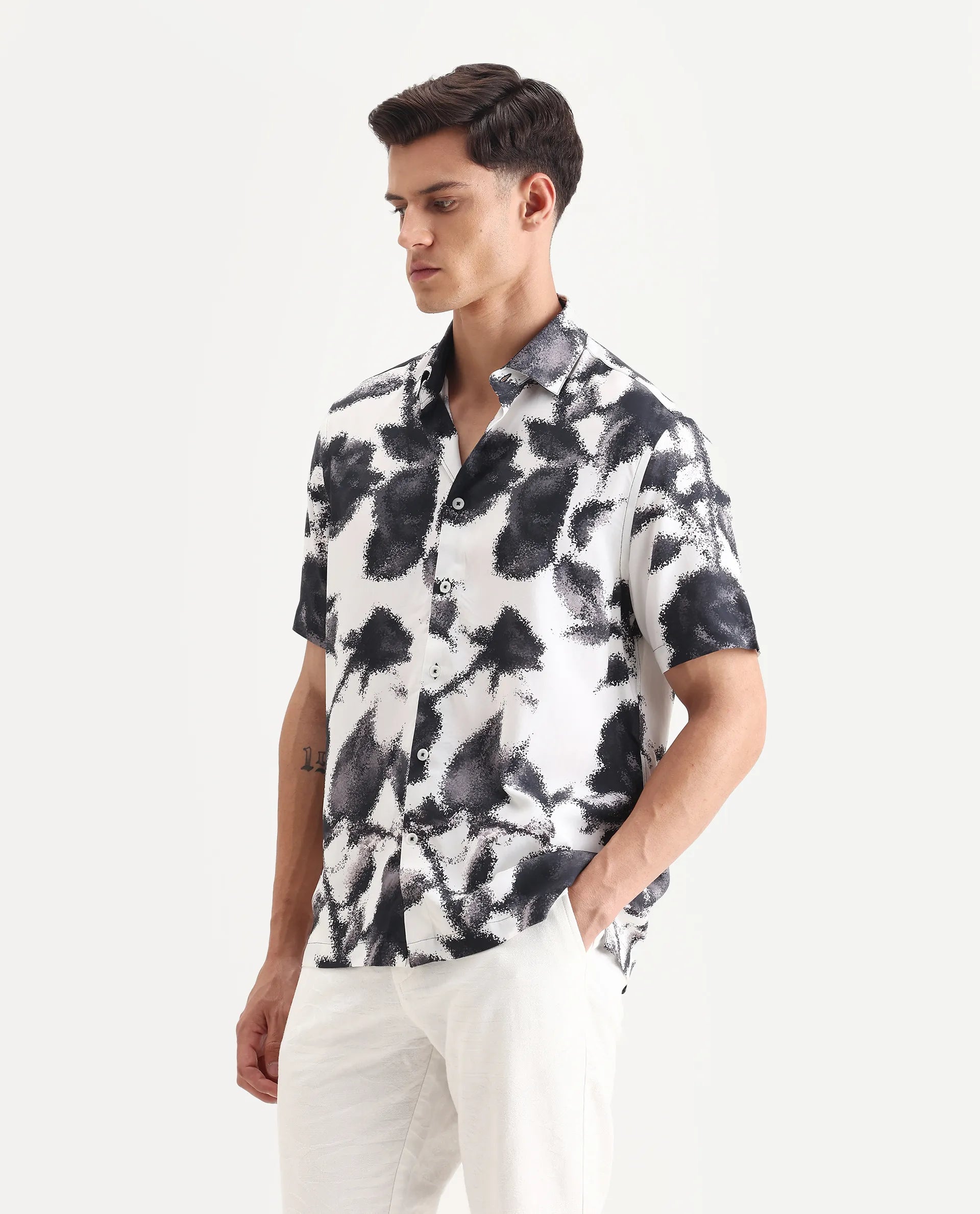 Rare Rabbit Men's Olsa White Viscose Fabric Collared Neck Regular Printed Shirt