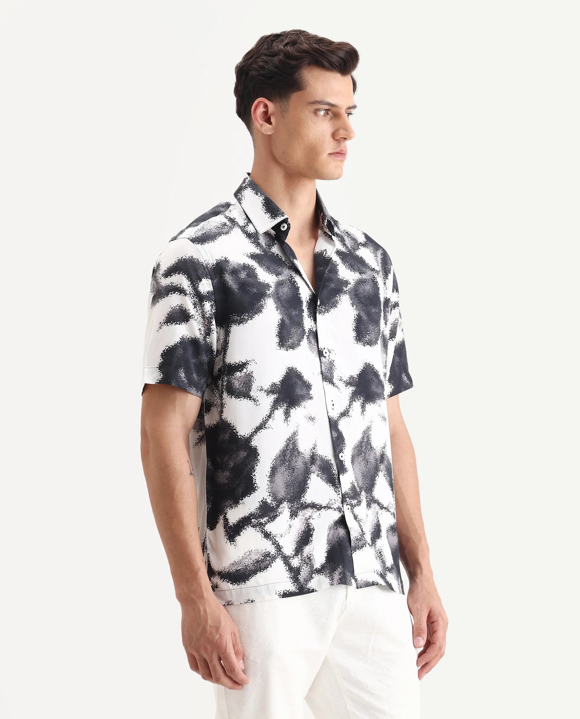 Rare Rabbit Men's Olsa White Viscose Fabric Collared Neck Regular Printed Shirt