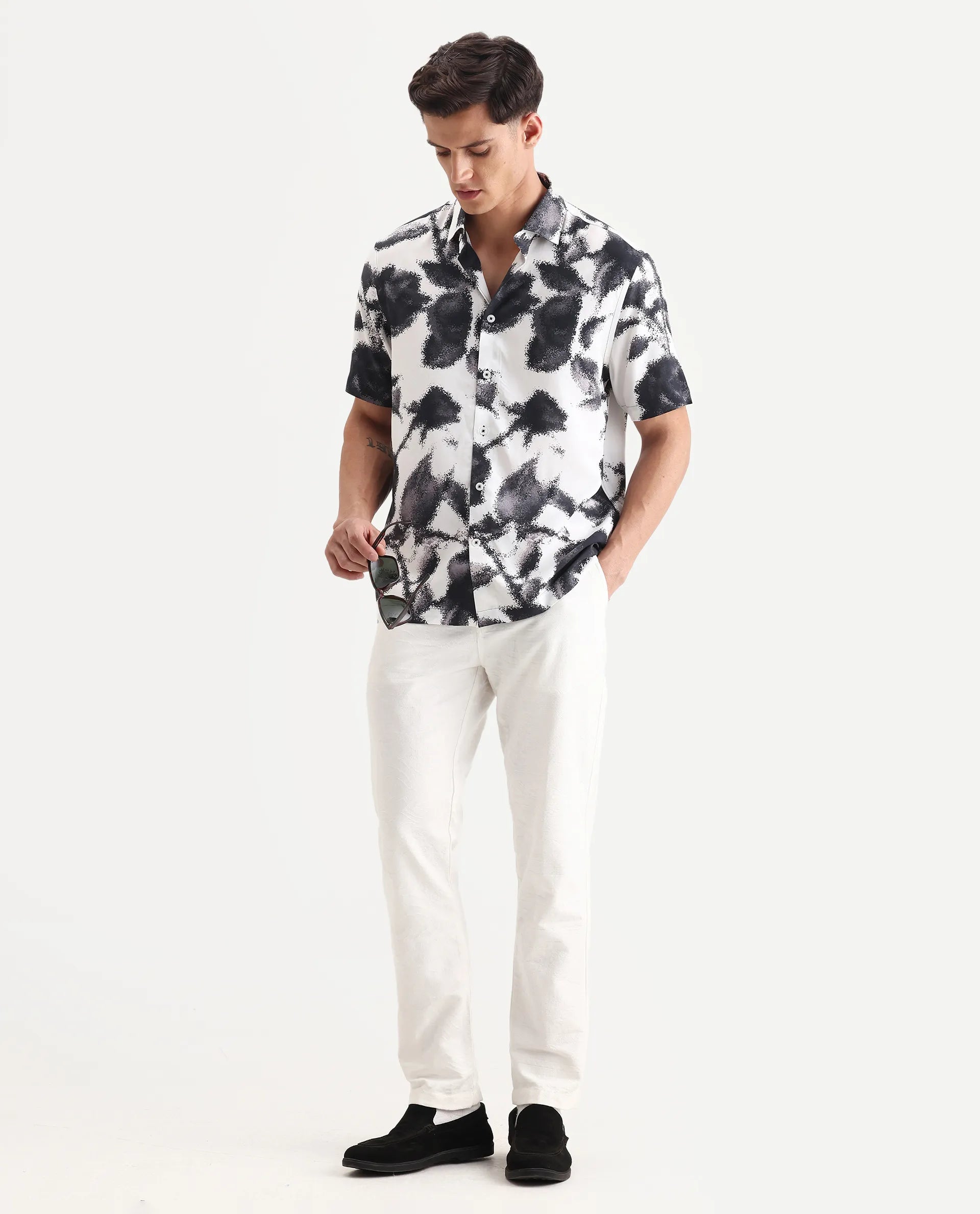 Rare Rabbit Men's Olsa White Viscose Fabric Collared Neck Regular Printed Shirt