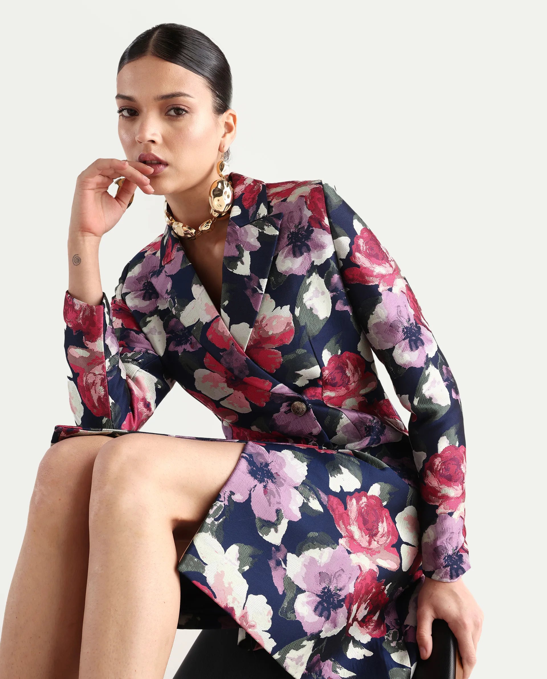 Rareism Women's Oluklu Mullti Polyester Blend Drop Collar Jacquard Knee Length Regular Fit Dress