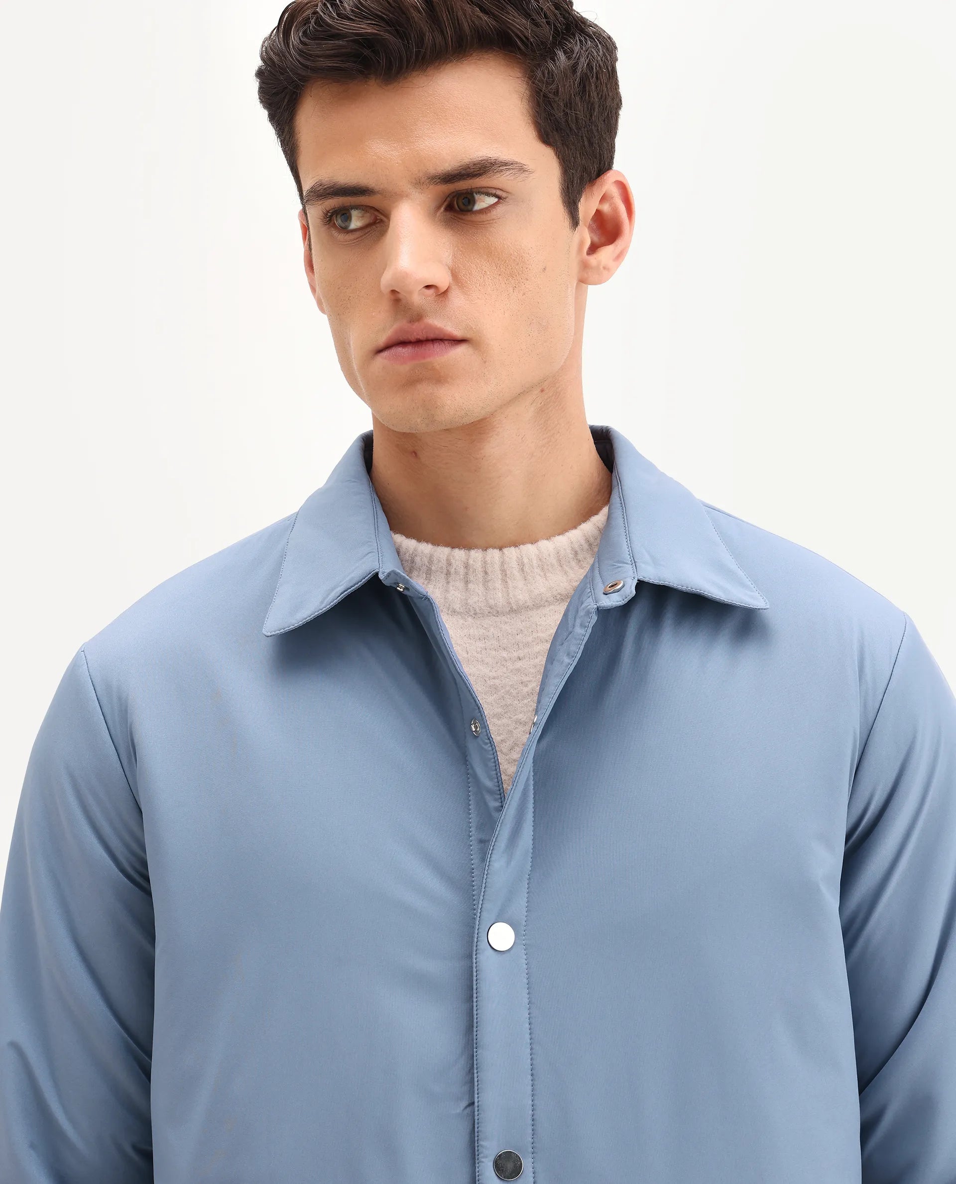 Rare Rabbit Men's Olva Dusky Blue Polyester Fabric Collared Neck Regular Plain Jacket