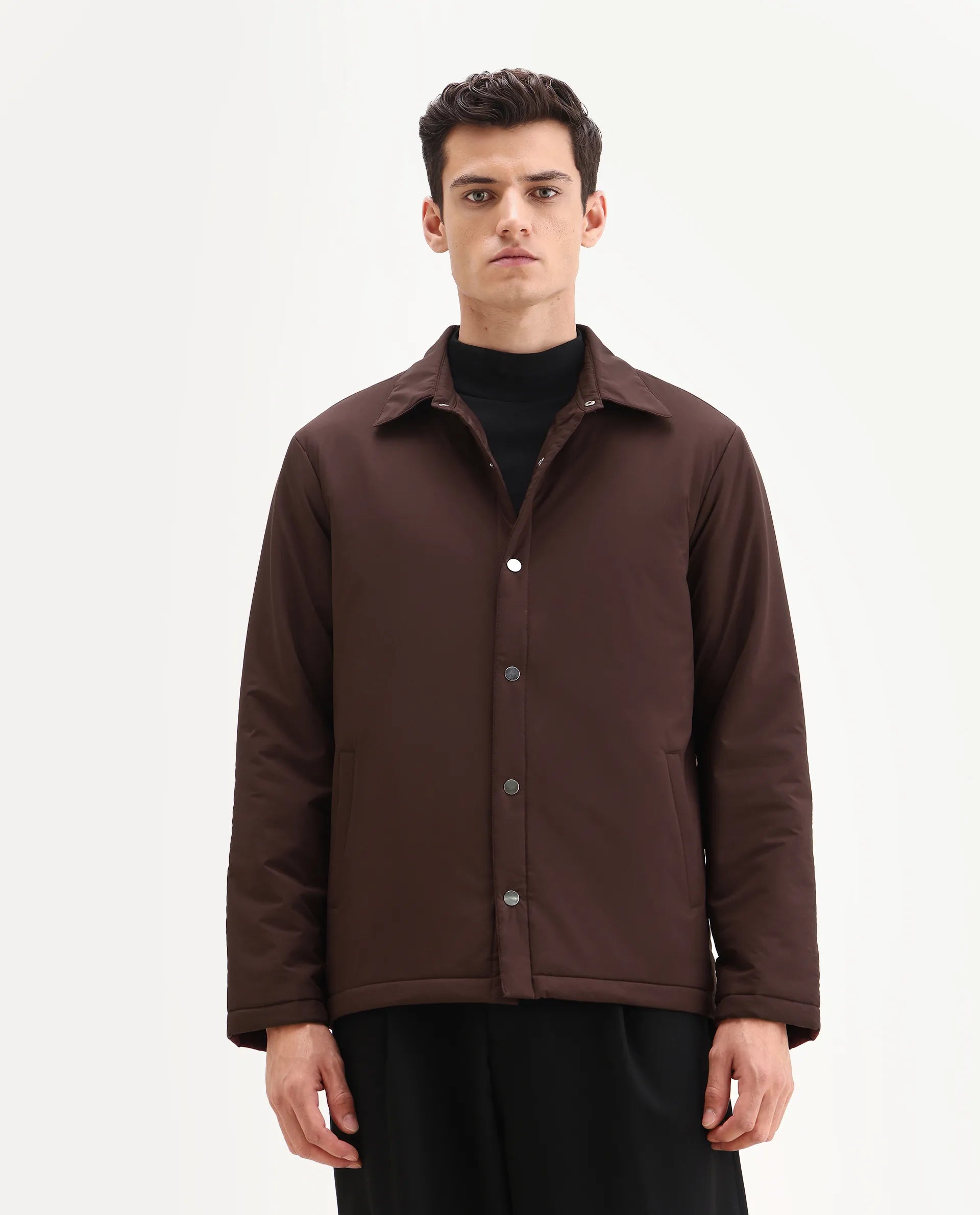 Rare Rabbit Men's Olva Maroon Polyester Fabric Collared Neck Regular Plain Jacket