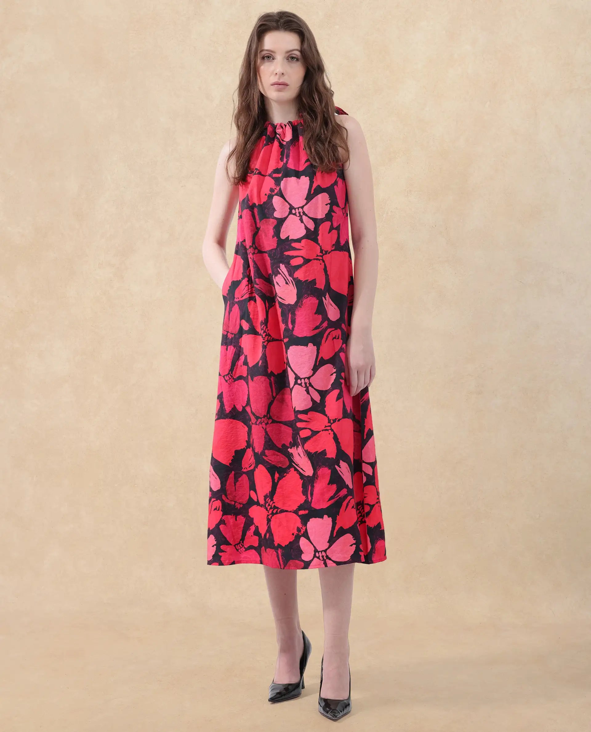 Rareism Women Olya Multi Rayon Nylon Fabric Tie-Up Closure Halter Neck Sleeveless Regular Fit Floral Print Maxi A-Line Dress