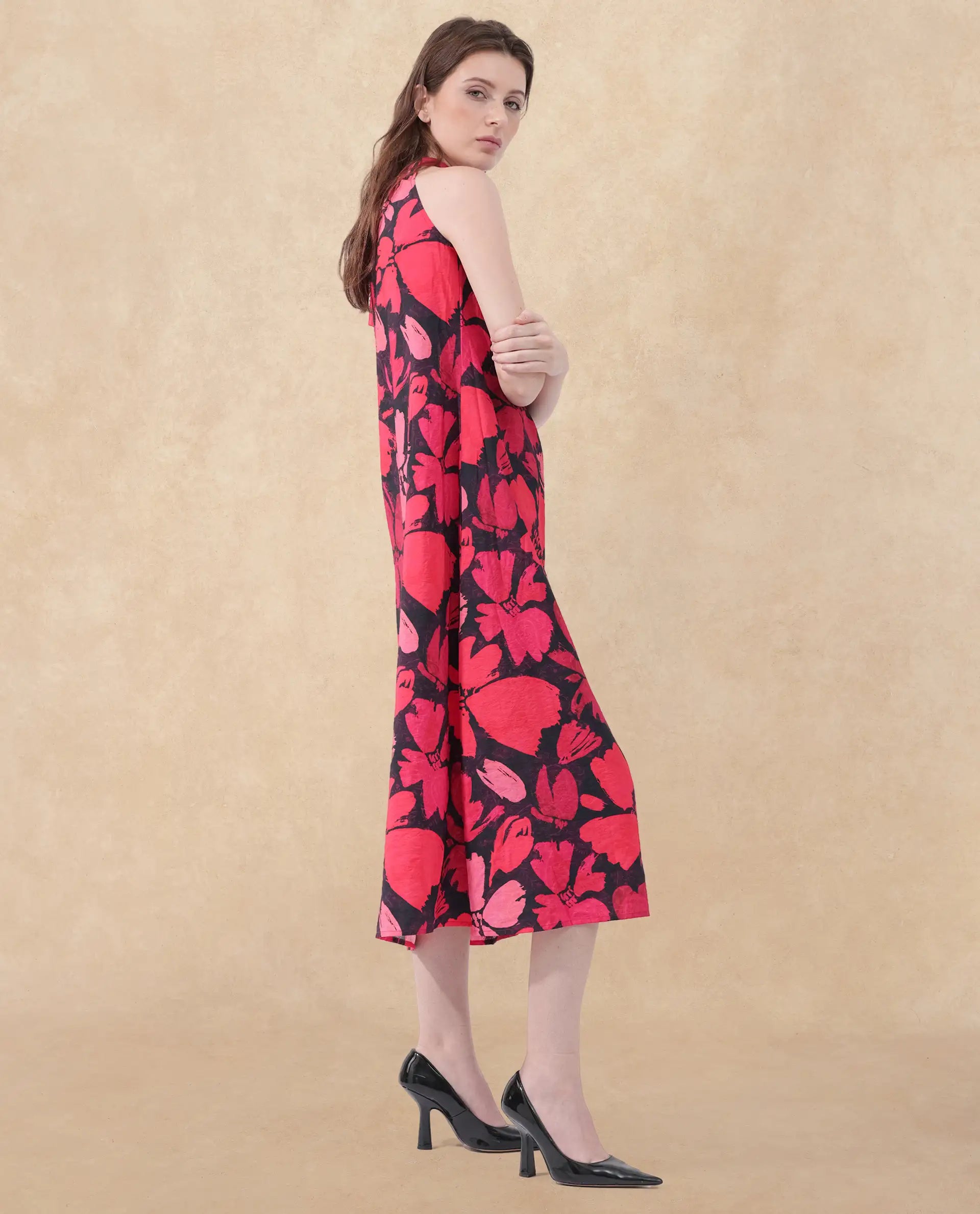 Rareism Women Olya Multi Rayon Nylon Fabric Tie-Up Closure Halter Neck Sleeveless Regular Fit Floral Print Maxi A-Line Dress