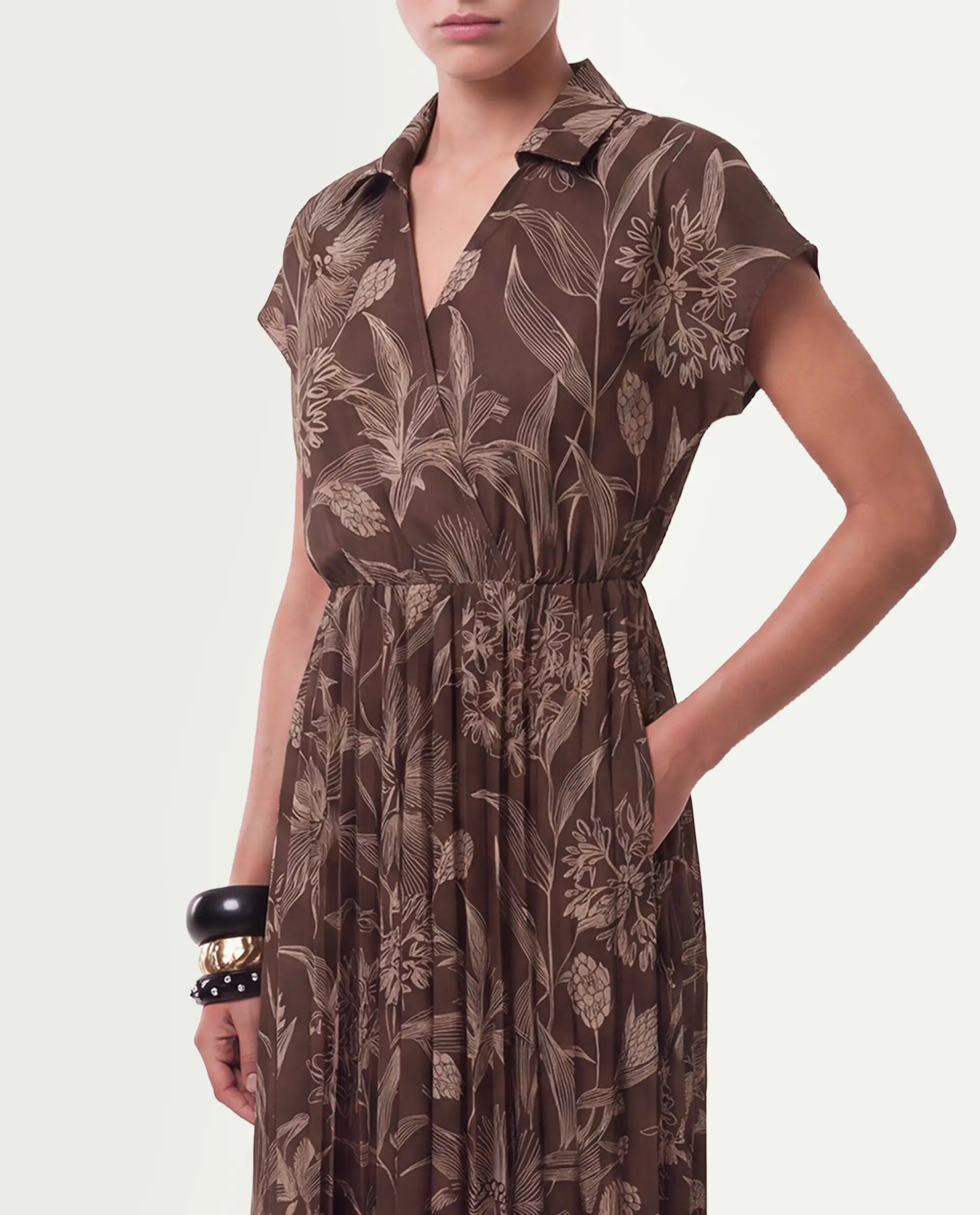 Rareism Women's Omag Dark Brown Polyester Pull-On Wrap Floral Print Dress