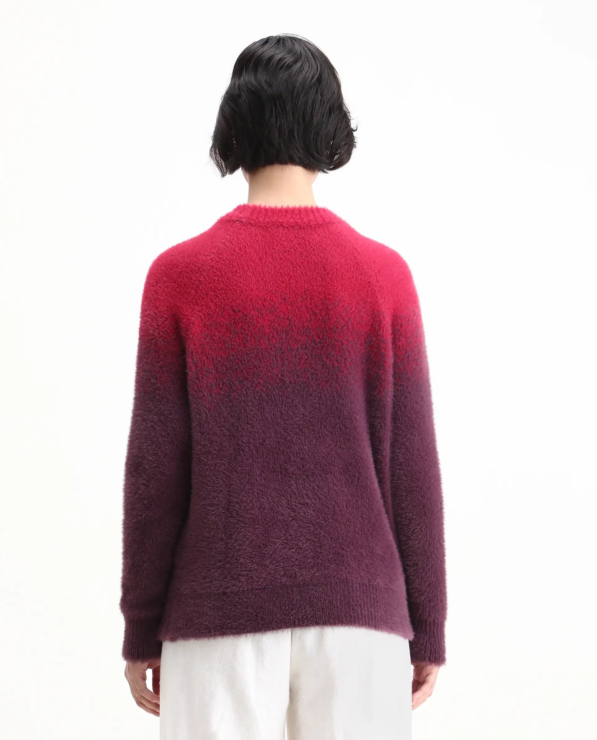 Rareism Women's Omber Dark Red Nylon Crew Neck Ombre Raglan Sleeve Relaxed Fit Sweater