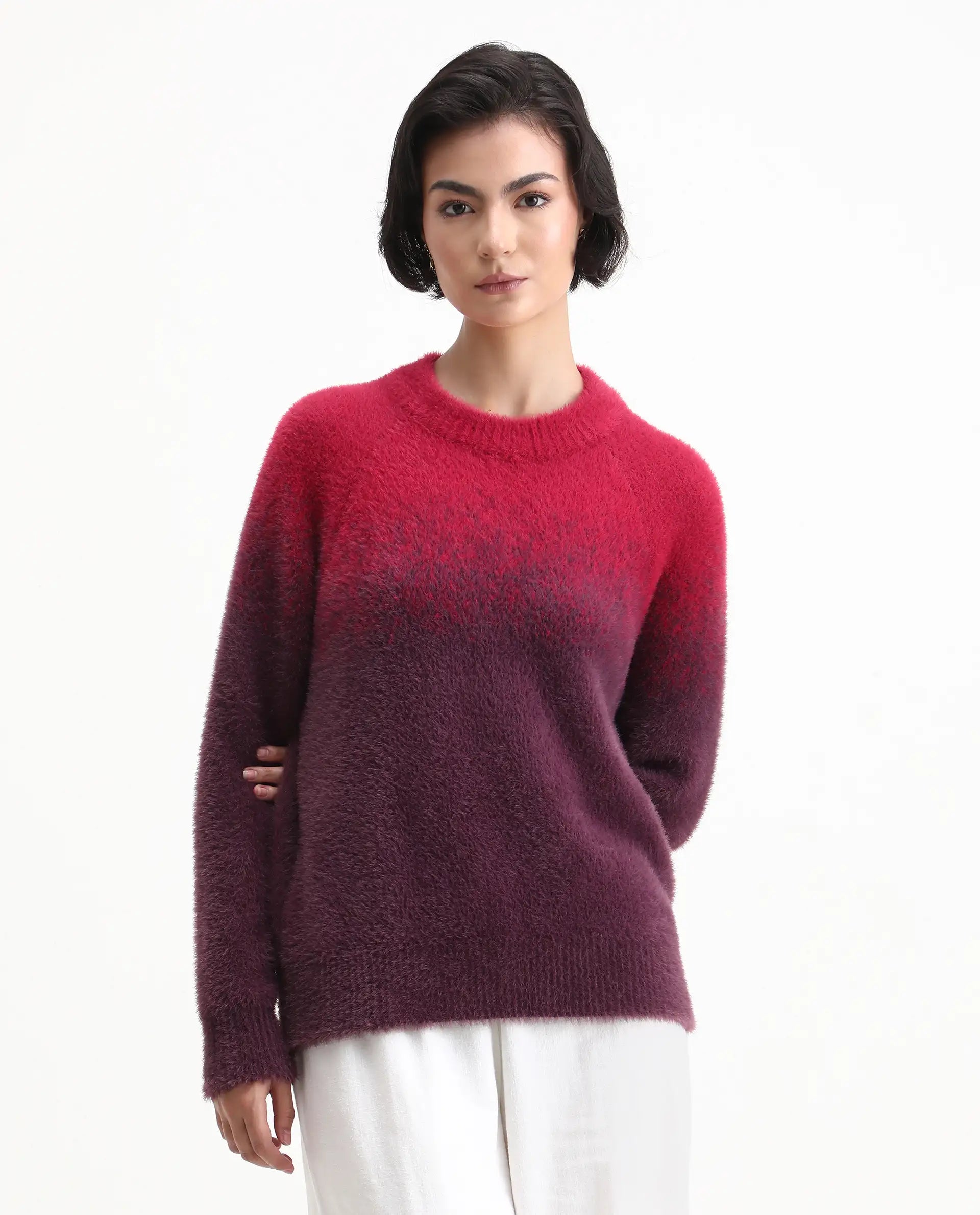 Rareism Women's Omber Dark Red Nylon Crew Neck Ombre Raglan Sleeve Relaxed Fit Sweater