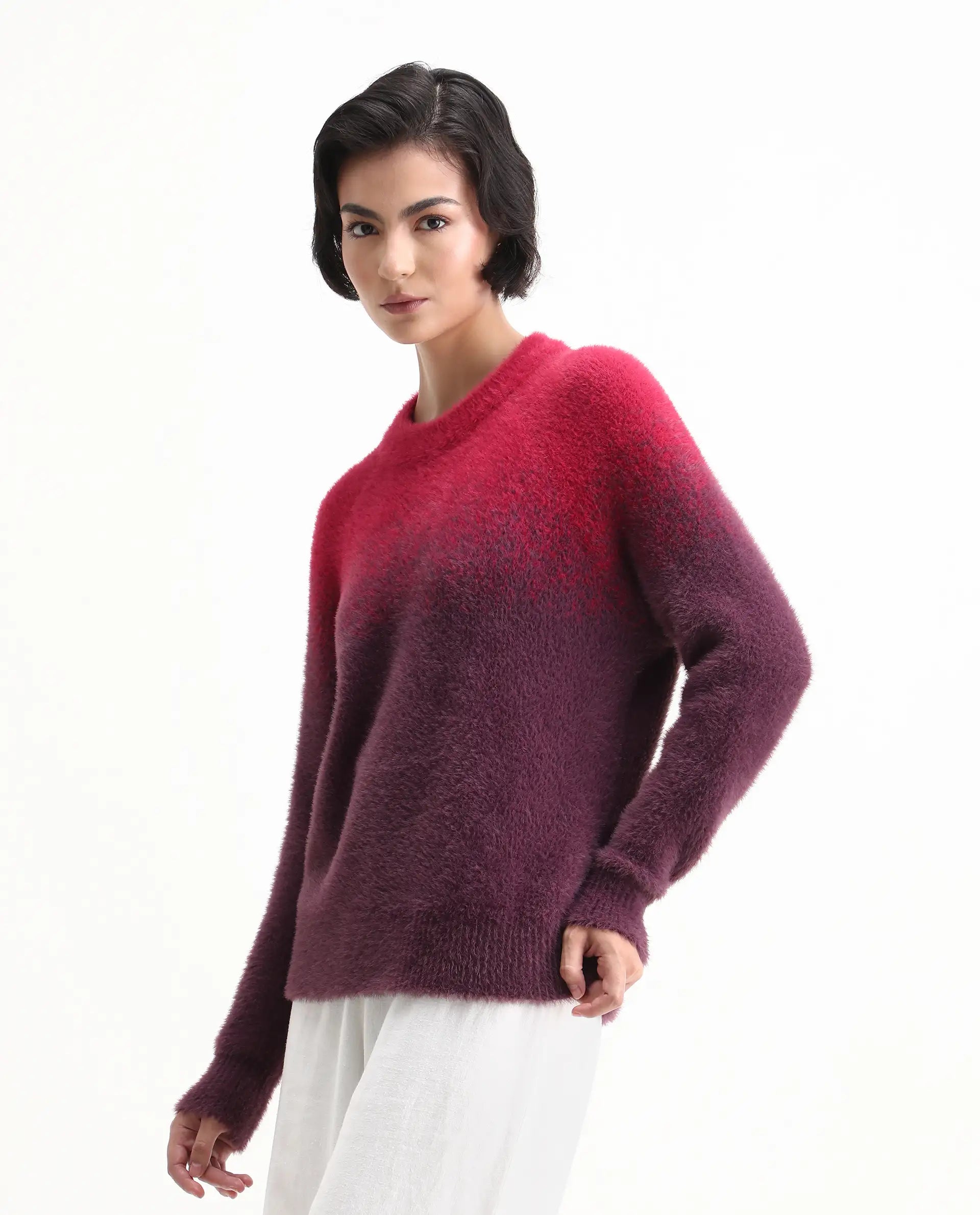 Rareism Women's Omber Dark Red Nylon Crew Neck Ombre Raglan Sleeve Relaxed Fit Sweater