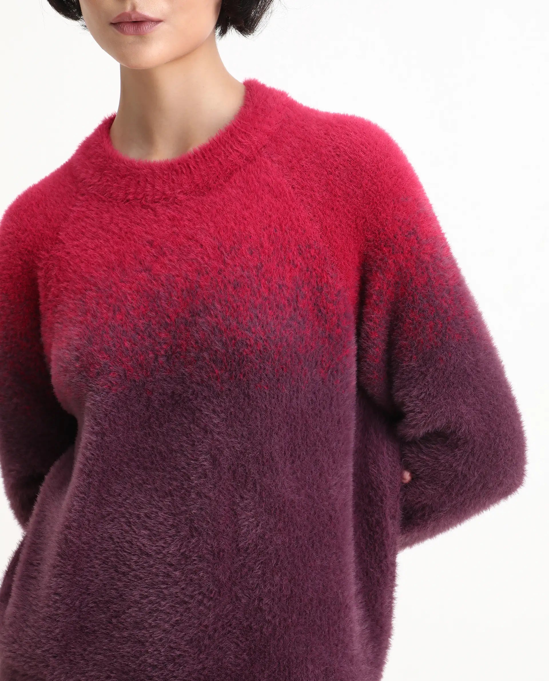 Rareism Women's Omber Dark Red Nylon Crew Neck Ombre Raglan Sleeve Relaxed Fit Sweater